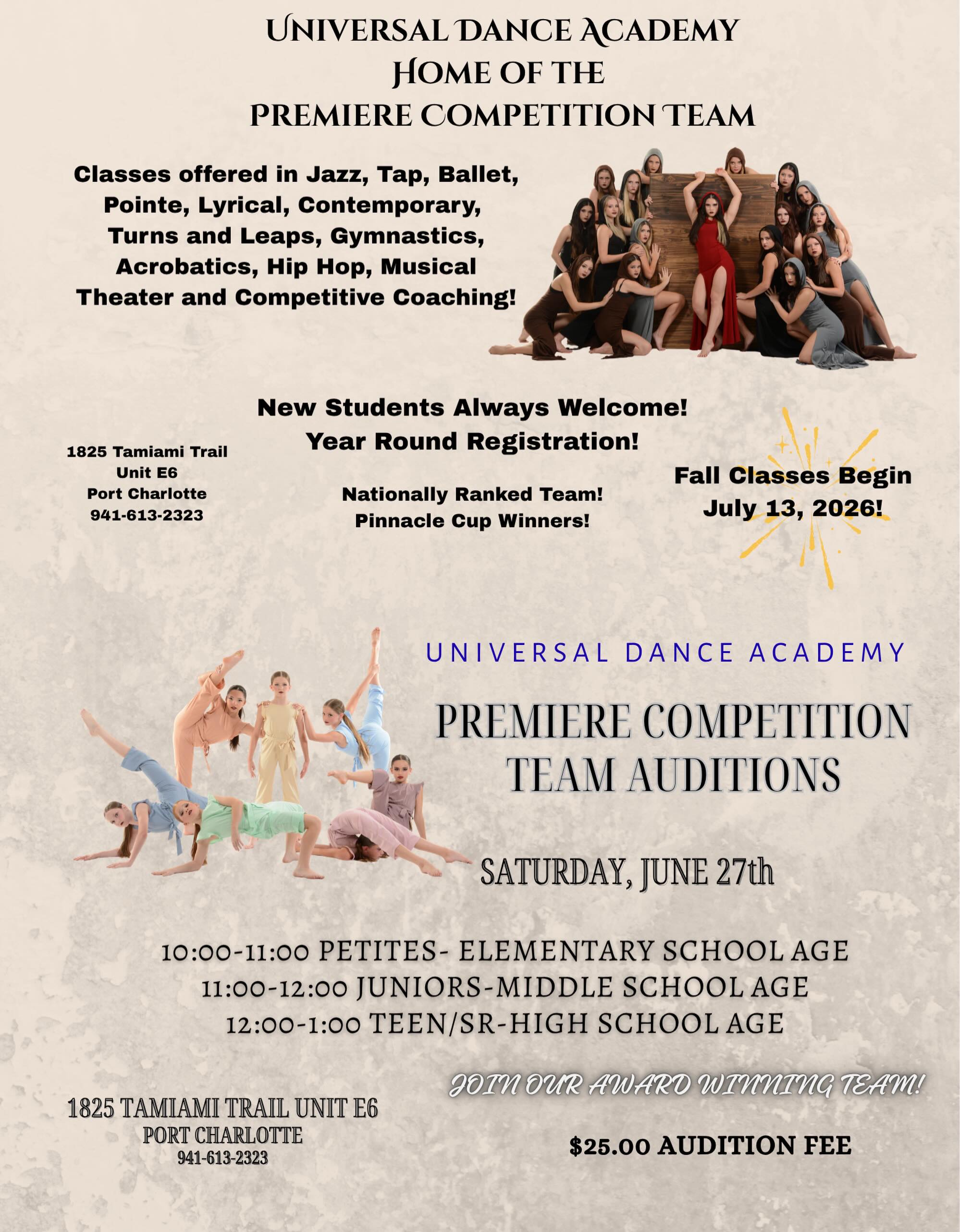 Want to join our competition team? Company auditions will be Saturday, June 27th! We would love to see you there!
#UDABEST #DANCE #DANCER #CHARLOTTECOUNTY #SARASOTACOUNTY