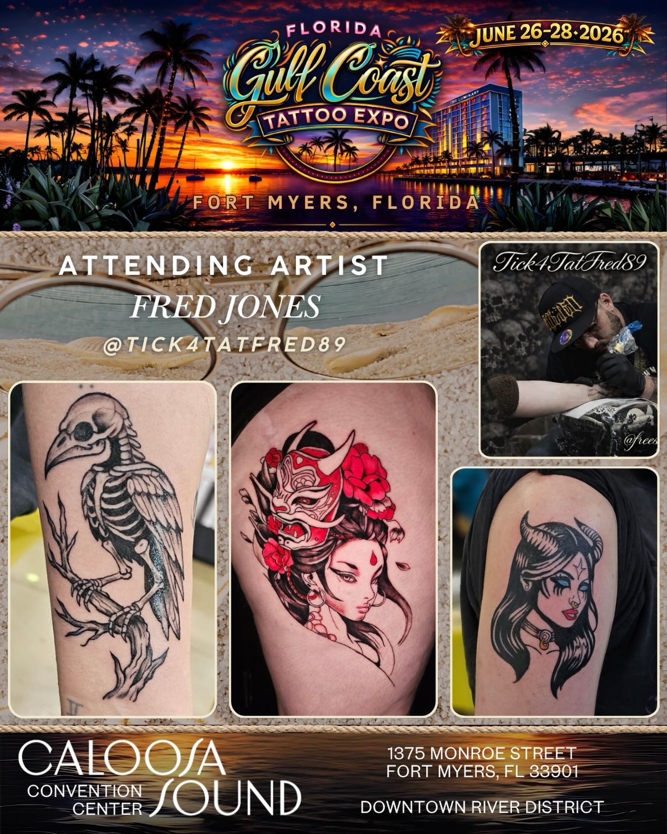Please help us welcome @tick4tatfred89 to the 2026 @floridagctattooexpo, to be held June 26-28 at the Caloosa Sound Convention Center in the Historic River District of Downtown Ft. Myers, Florida!
✉️ Please DM @tick4tatfred89 for all inquiries about walk-ups and/or appts at the show!
🚨 Over 200 tattoo artists
🚨 Dozens of retail/art/merch & supply vendors
🚨 SWFL’s LARGEST TATTOO CONTEST… judged by Yallzee, Alwin Perez & TattooCasper
🚨 MC Joey Tattoo
🚨 Live music by Smack Daddy: and
🚨 Live sculpting and horror play by the famous Wayne Anderson Designs and his SWFL Haunted Attraction: Legends of Oblivion (hauntedswfl on IG)
🚨 Amazing Food & Libations
🏆🏆 We separate healed and fresh tattoo contests at this show! Healed categories are open!!! Like your piece? Enter it. Artists not tattooing at the show? Cool - send or bring your client!
Kids 12 and under are free, however parental discretion is advised due to language, risqué shows, and possible nudity.
🎟️ Tickets can be purchased on our website. Link in the bio.
⏰Hours: 11am-11pm Friday & Saturday 11am-7pm Sunday
🏨Also, if you would like to Stay & Play for a night or two, the Luminary has extended us an even better group rate starting at $189/night, which is a steal for this normally $350-$600 per night hotel! Reservations can only be made on our website www.floridagctattooexpo.com/hotel
#floridagctattooexpo #swfl #fortmyers #capecoral #tattooed