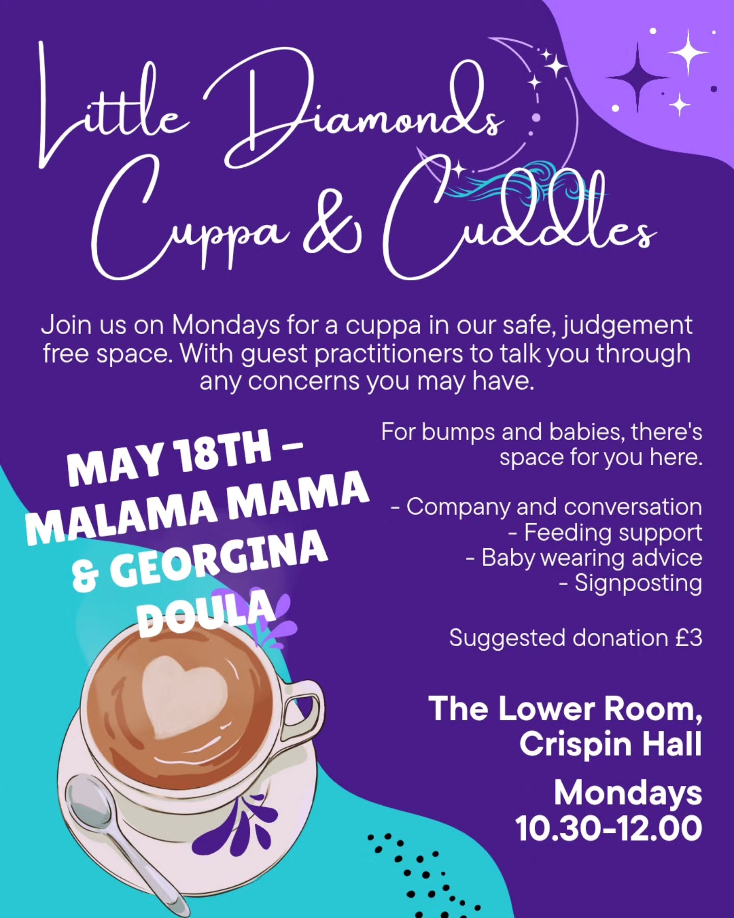 ☕️ Our next Cuppa & Cuddles will be taking place on Monday 18th May! We will be welcoming @malamamamauk and @georginadoula will be back.
This drop in space is open to expecting and new parents who want company, connection and support. Or even just a space that's baby friendly to sit and have a warm cuppa, without judgement. You're welcome to come for the whole session or pop in for a quick bit of support.
I'm excited to welcome Clair of Malama Mama to the session. Clair is a contiuum doula providing support and service throughout pregnancy and into parenthood. With a wealth of knowledge and experience, including feeding support, I've invited Clair to join us because she is not only a fabulous lady but the person I refer everyone to for birth trauma recovery. So many parents deal with trauma and bury it, only for it to rear its head when least expected (myself included), but the the 3-Step Rewind practice that Clair offers can be life altering.
The lovely Geogina will also be joining us, as she will do most weeks, to offer support through feeding, baby wearing and understanding of SEN parenting.
This space is for you to be held, seen and heard 💜
Suggested donation £3
Weekly on Mondays 10.30am - 12pm
Little Diamonds, The Lower Room, Crispin Hall, Street BA16 0EZ
We look forward to seeing you soon! 🥰