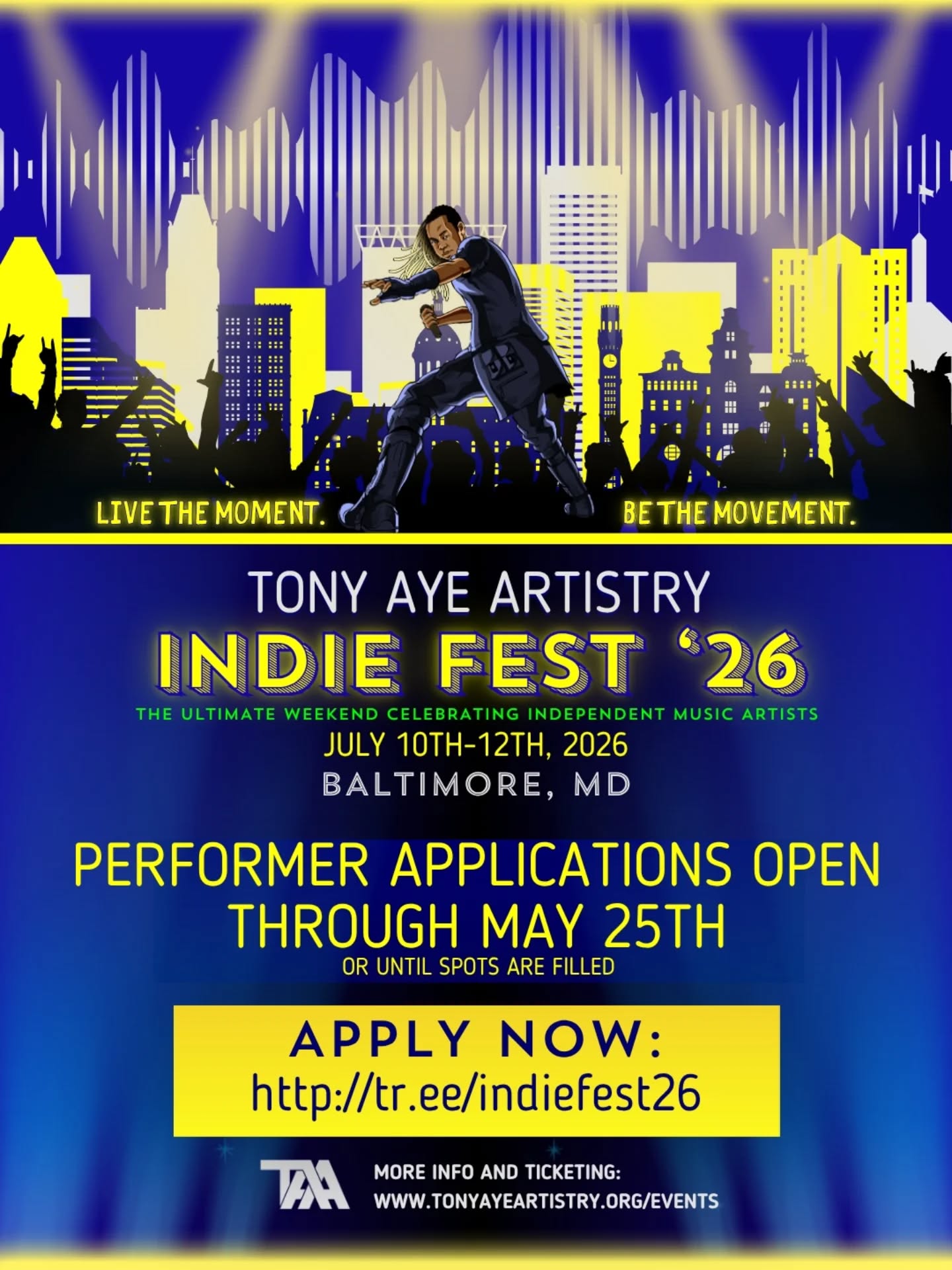 The performer applications for Indie Fest '26 are open through May 25th. We accept applicants from all genres so, tell us about what you bring to the stage. Apply now at http://tr.ee/indiefest26
Indie Fest is where indie artists are the headliners. We want to share your talents with new audiences. To find out more about Indie Fest, hosted by Tony Aue Artistry. Check out our website tonyayeartistry.org
#TonyAyeArtistry #Festival #Summer #Casting #LiveMusic