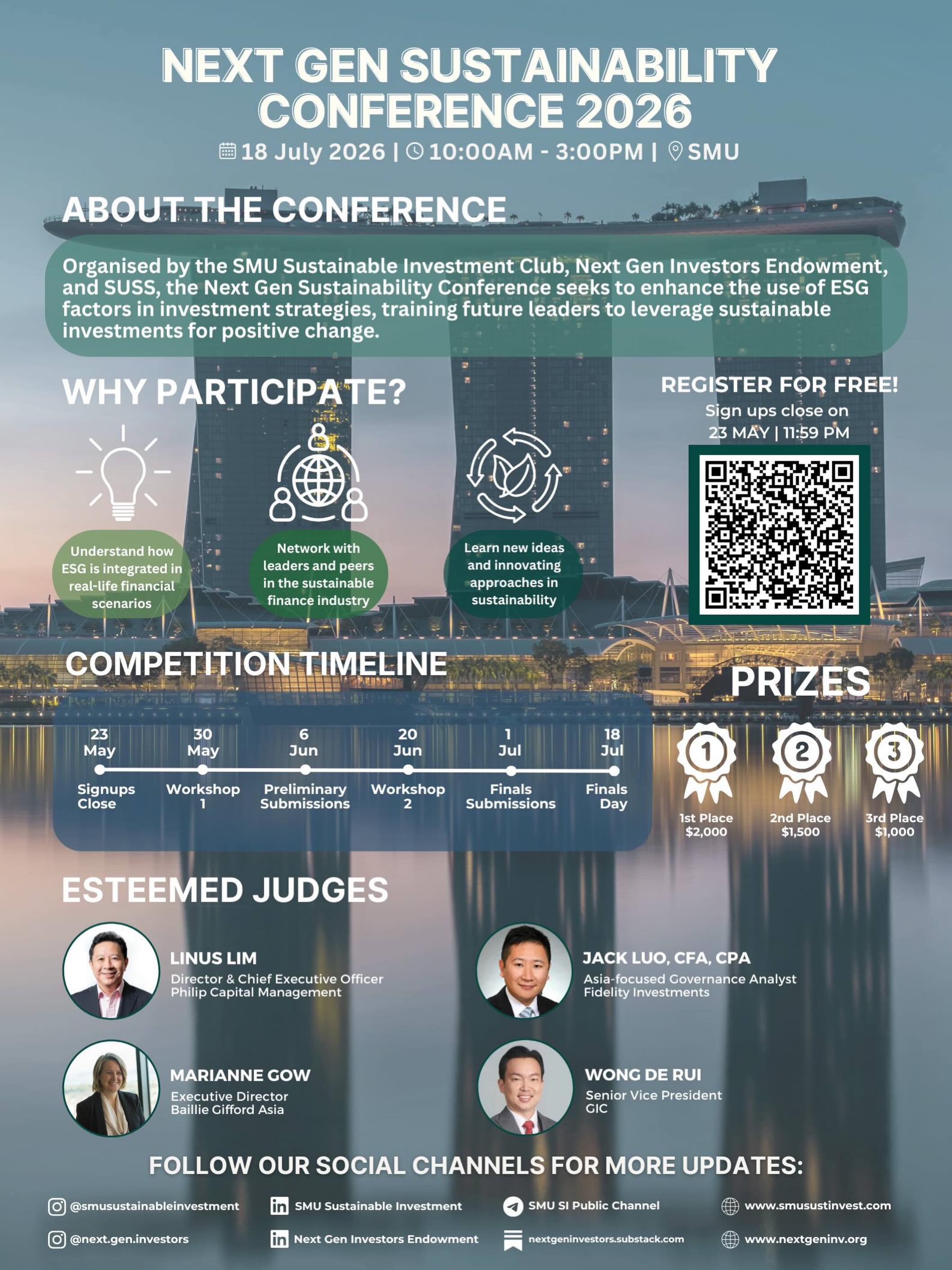 π± Β Are you ready to lead the future of sustainable finance? π±
Join the Next Gen Sustainability Conference, organized in partnership with SMU Sustainable Investment Club and SUSS, to learn more about the use of ESG factors in investment strategies. ππ
Learn equity research, and ESG analysis while networking with sustainability leaders. Stand a chance to win S$2,000 as the top team! ππ
Register through the link in our bio, or scan the QR code. Registration closes on 23 May 2026 at 11:59 PM.