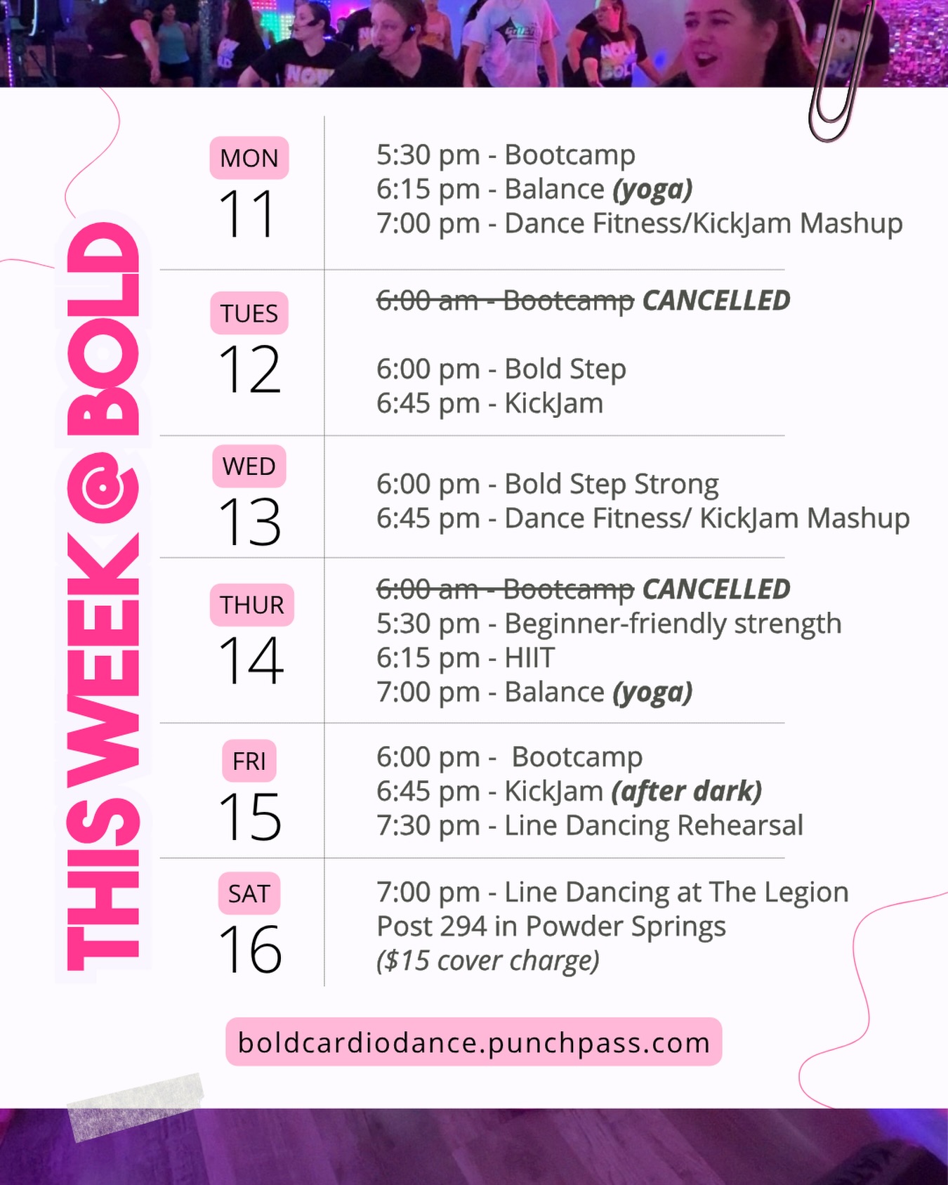 ATTN Bold Babes! A couple of adjustments to the schedule this week! 🚨
Nicole is OOO until Friday for training - but Amy and the squad are going to take great care of you! 💗 Expect super fun mashup workouts & new twists on your fav formats! Plus a special line dancing pop up on Friday night! Don’t miss it!
And you DEFINITELY don’t want to miss out on line dancing at The Legion this Saturday! It’s GLOW night! Wear white/neon and let’s glow together! ✨
See you on the dance floor!
#dancefitness #linedancing #womensworkouts #womenswellness #hiramga