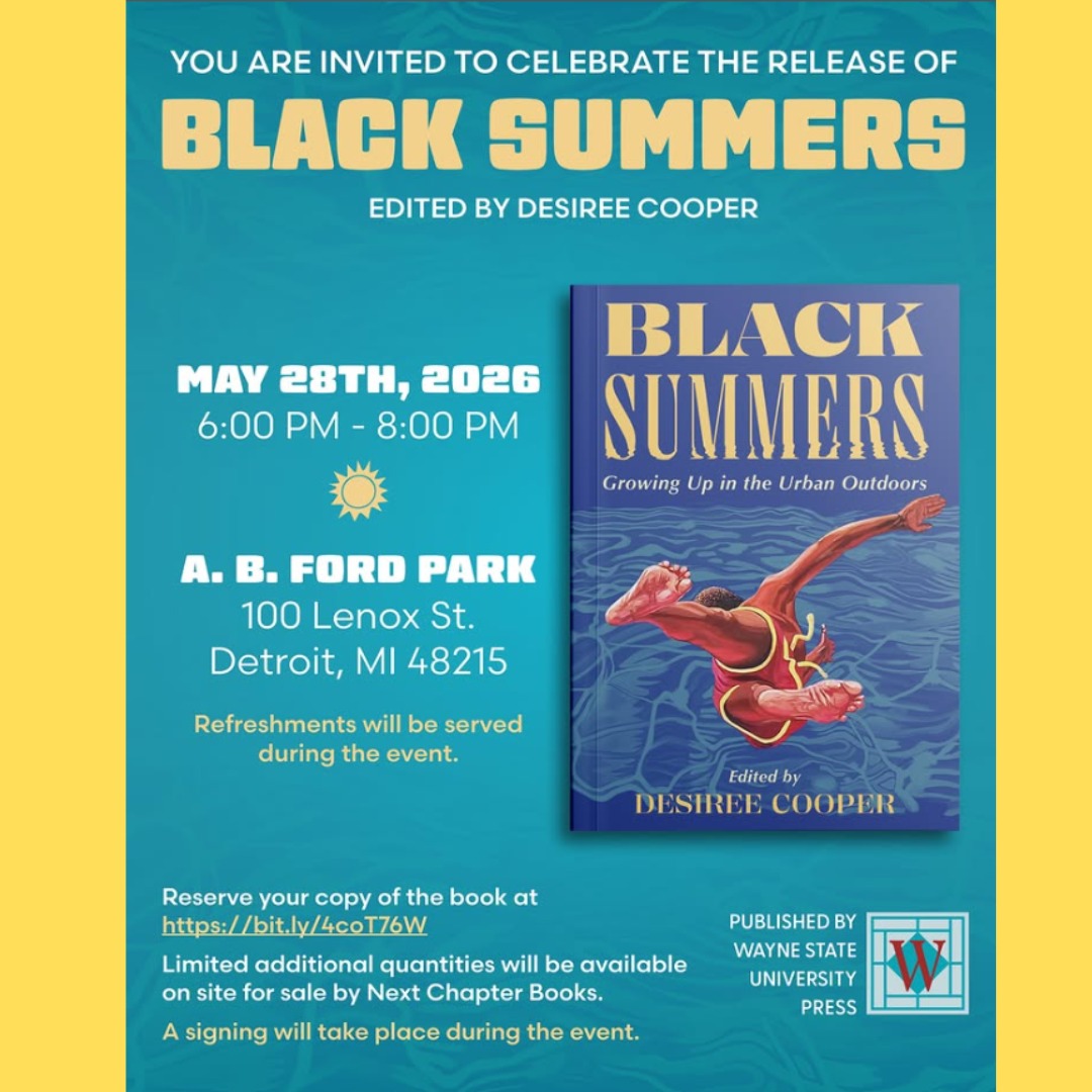 Outdoor Book Launch! We are thrilled to partner with @wsupress for the book launch of Black Summers: Growing Up in the Urban Outdoors, edited by @descooper.
Join us at A.B. Ford Park on the evening of May 28 to celebrate this vibrant exploration of Black joy in the urban outdoors, a collection from nearly 30 emerging and award-winning Detroit creators of all ages recounting the struggles and triumphs of staking their claim to public spaces.
Reserve your copy of the book via the link provided here, or pick it up at the bookstore. See you there!
#nextchapterbooksdetroit #indiebookstore #detroitbookstore #BlackSummersDetroit #wsupress