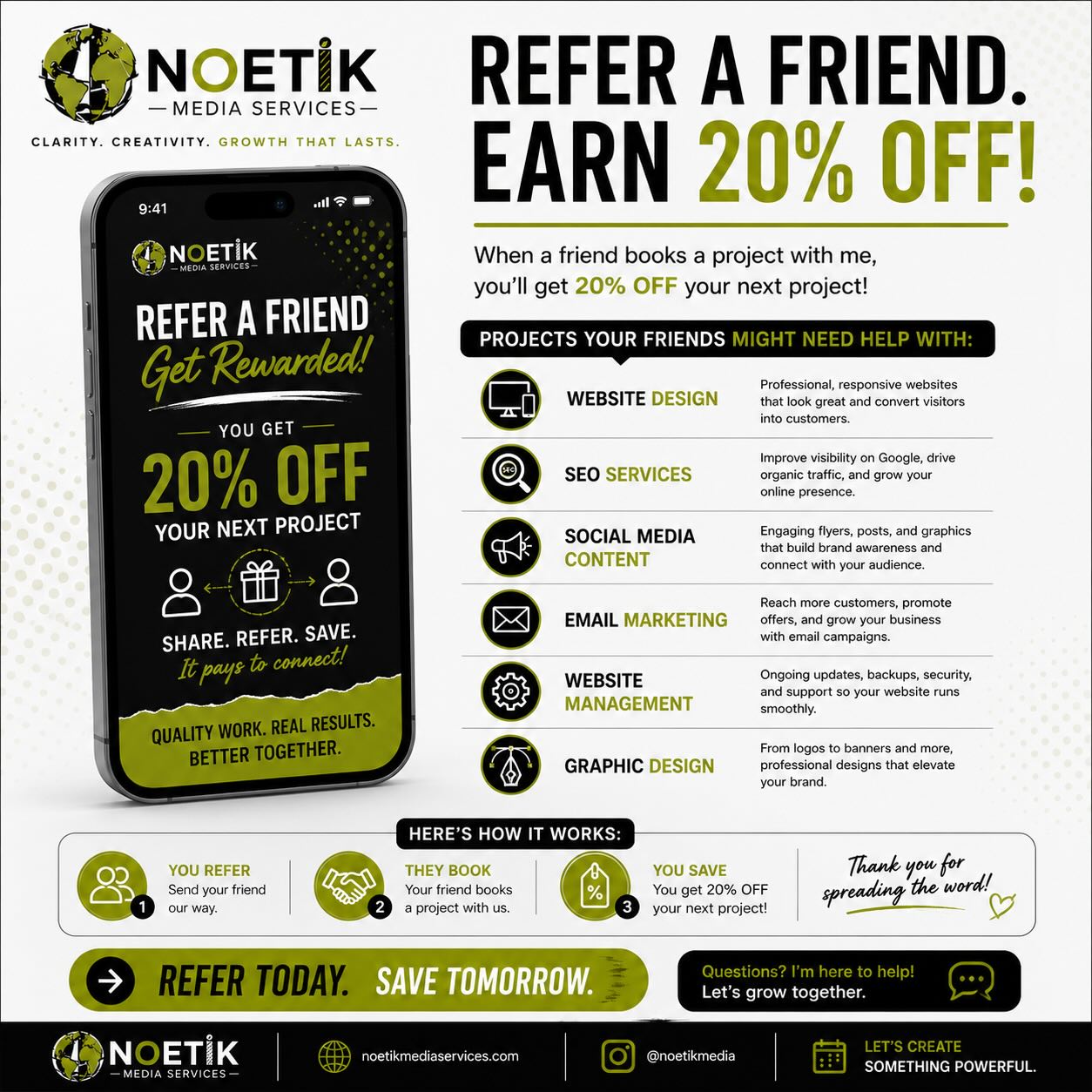 ✨ Word of mouth is GOLD over here ✨
Know a business owner, artist, creative, or entrepreneur that needs help with flyers, branding, websites, email marketing, or social media support? Send them my way! 📲
When your referral books a project with Noetik Media Services, you’ll receive 20% OFF your next service as a thank you for supporting and growing with me 🫶🏾
Let’s build beautiful brands together while helping each other win 🔥