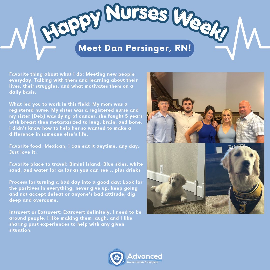 Nurses Week Spotlight ✨
Meet Dan Persinger, RN! Dan provides compassionate care and support to patients and families each day with dedication and professionalism. His commitment and hard work make a meaningful impact on those he serves.
We appreciate all that Dan does and are proud to recognize him during Nurses Week. Thank you, Dan, for everything you do! 💙
#NursesWeek #AdvancingTogether #HomeHealth #Hospice