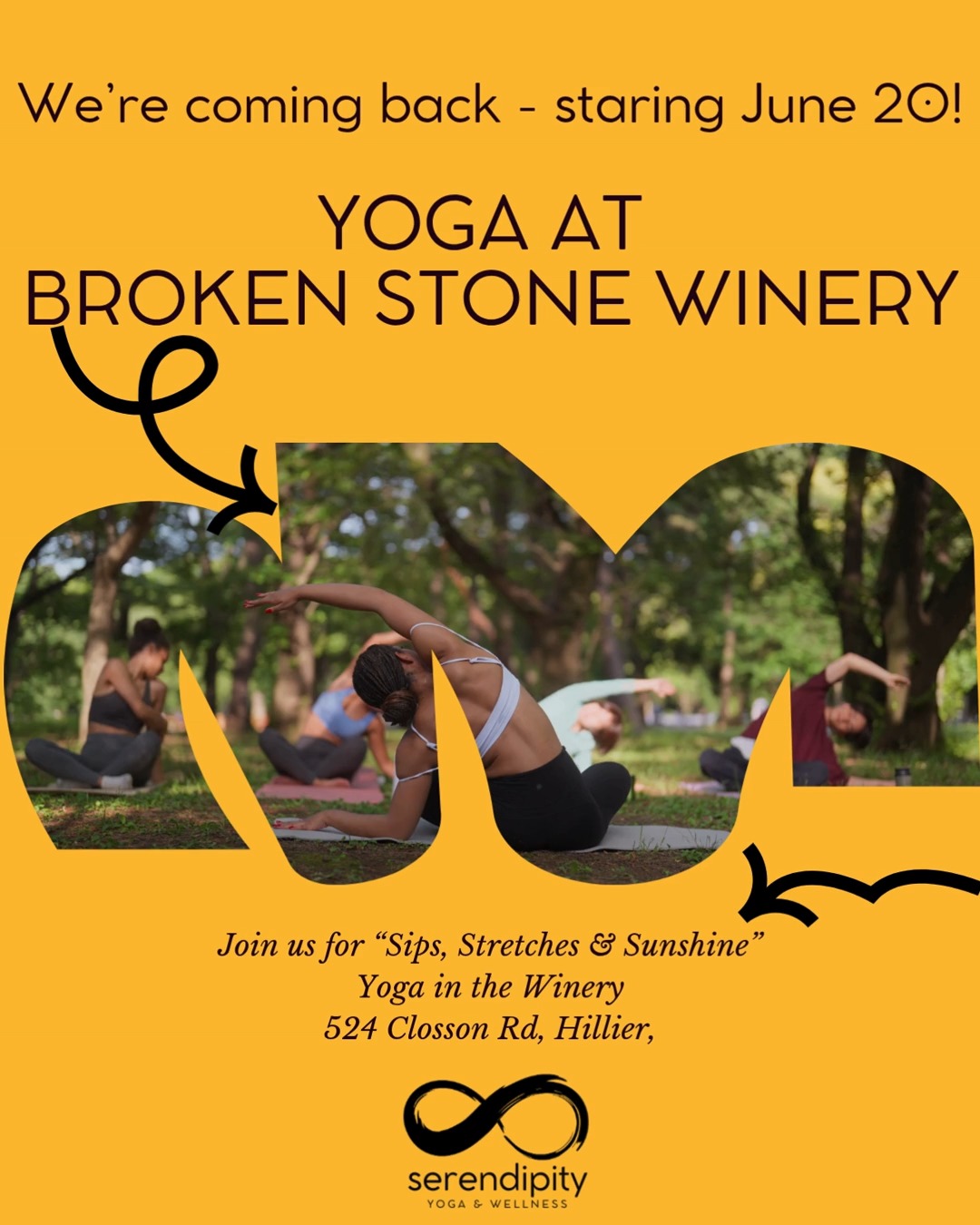 Sunshine, vines, yoga, wine… summer at Broken Stone Winery is calling.
We’re so excited to be returning to the vineyard for another season of Yoga in the Vineyard. Bring your mat, bring your friends, and soak up the beauty of practicing among the vines.
Perfect for a girls’ day, bachelorette celebration, reunion weekend, or simply a little summer self-care in the County. Stay after class to enjoy a glass of wine and some seriously delicious pizza on the patio.
Come for the yoga, stay for the wine.
Broken Stone Winery
524 Closson Rd
Summer Dates
June 20
July 4
July 18
August 1
August 15
August 29
Visit serendipityyoga.ca to book your spot.
#serendipityyoga
#yogapec
#healthymovementyourway
#brokenstonewinery