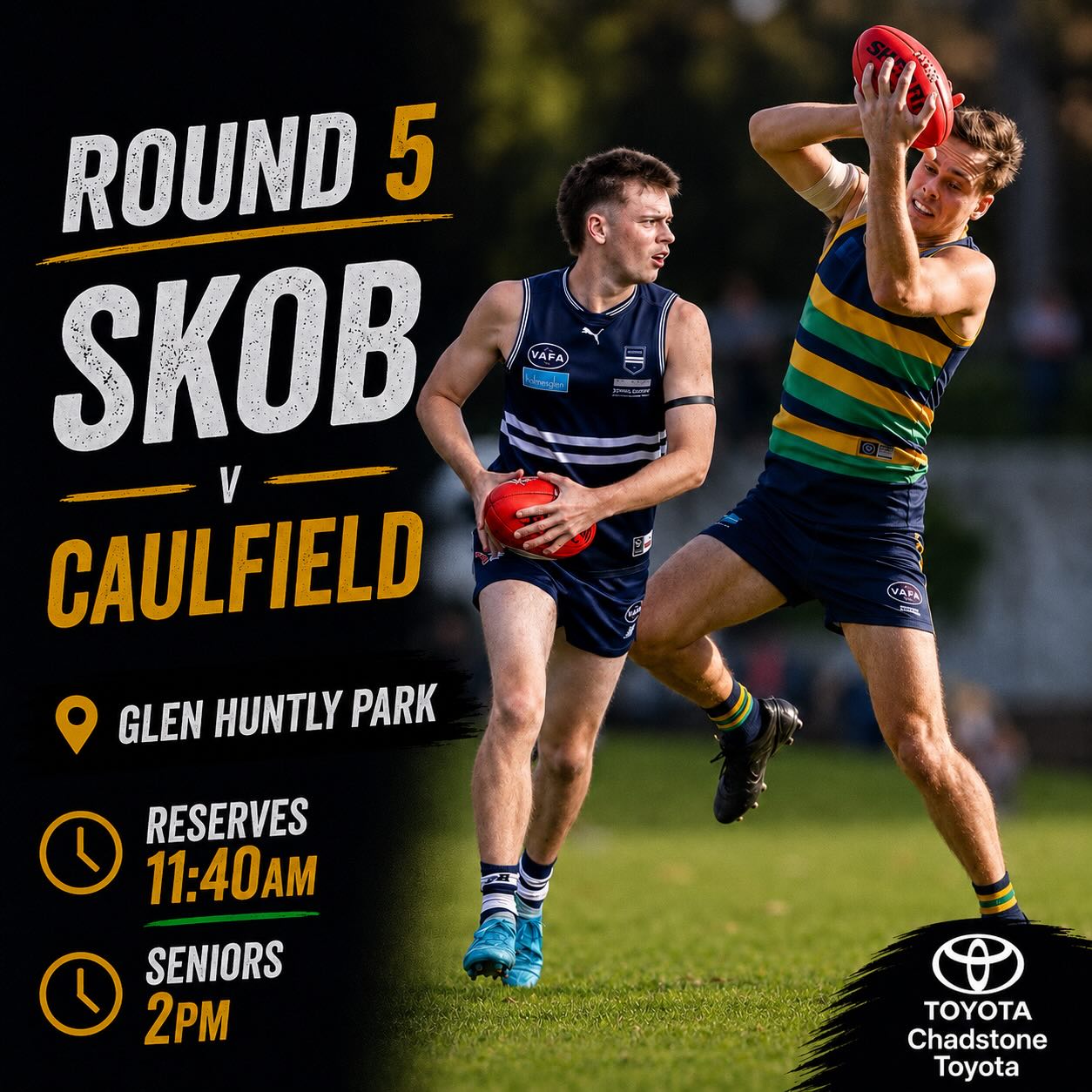 SKOB travels for the second week in a row as they take on the promoted @cgfc1920 in Round 5 @vafahq action at Glen Huntly Park on Saturday.
SKOB will be looking to get another 4 points and consolidate on last week’s come from behind win at the Uni.
Get down and support! Other teams’ fixtures to follow shortly.
Proudly sponsored by @chadstonetoyota @leematenga
#goSKOB💙💛💚