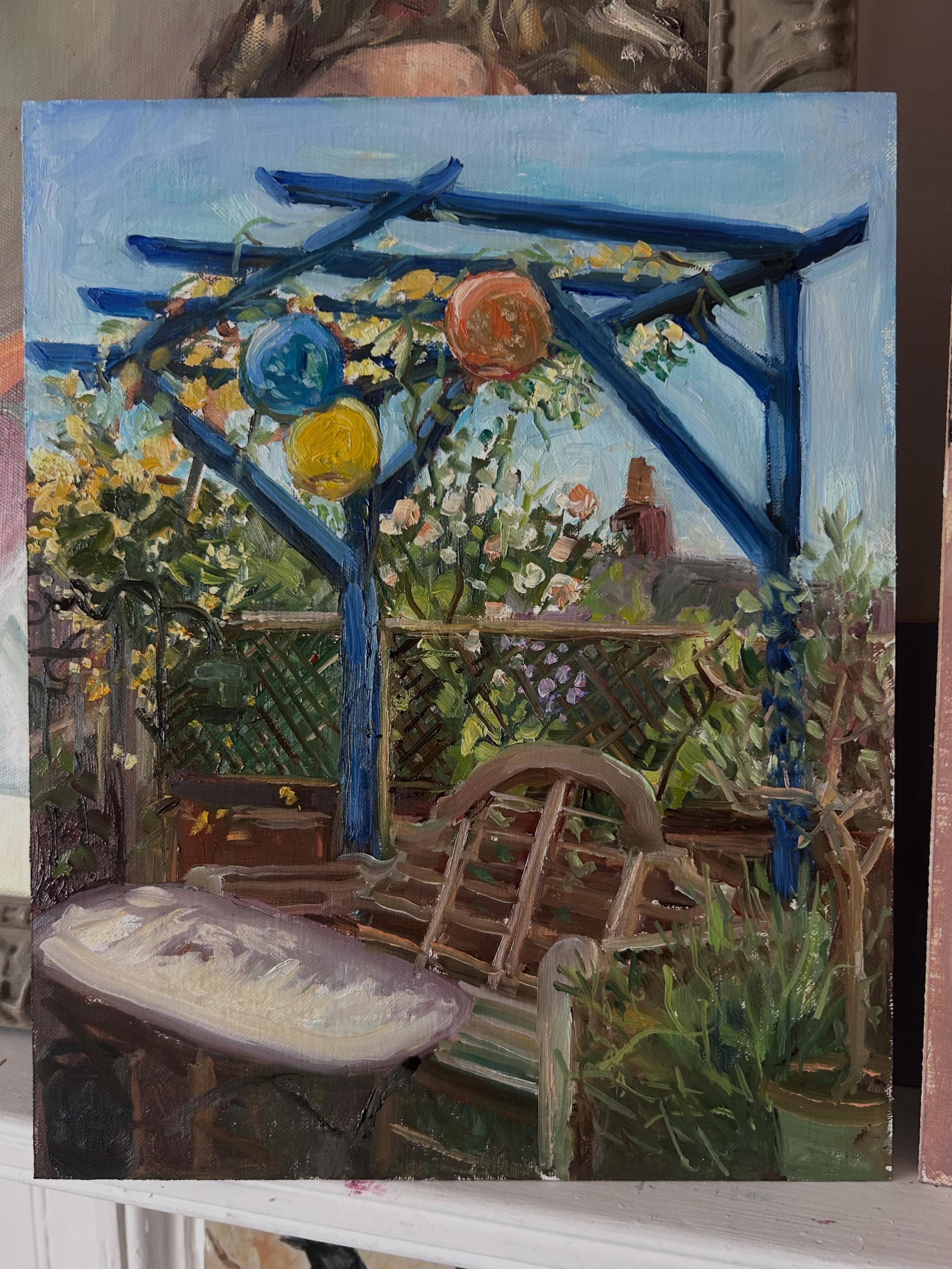 I was painting outside in the garden yesterday. That is a new pergola and the banksy rose is looking lovely on it already. Pretty!
#garden #suffolkartist #pleinair #oilpainting #gardenpainting