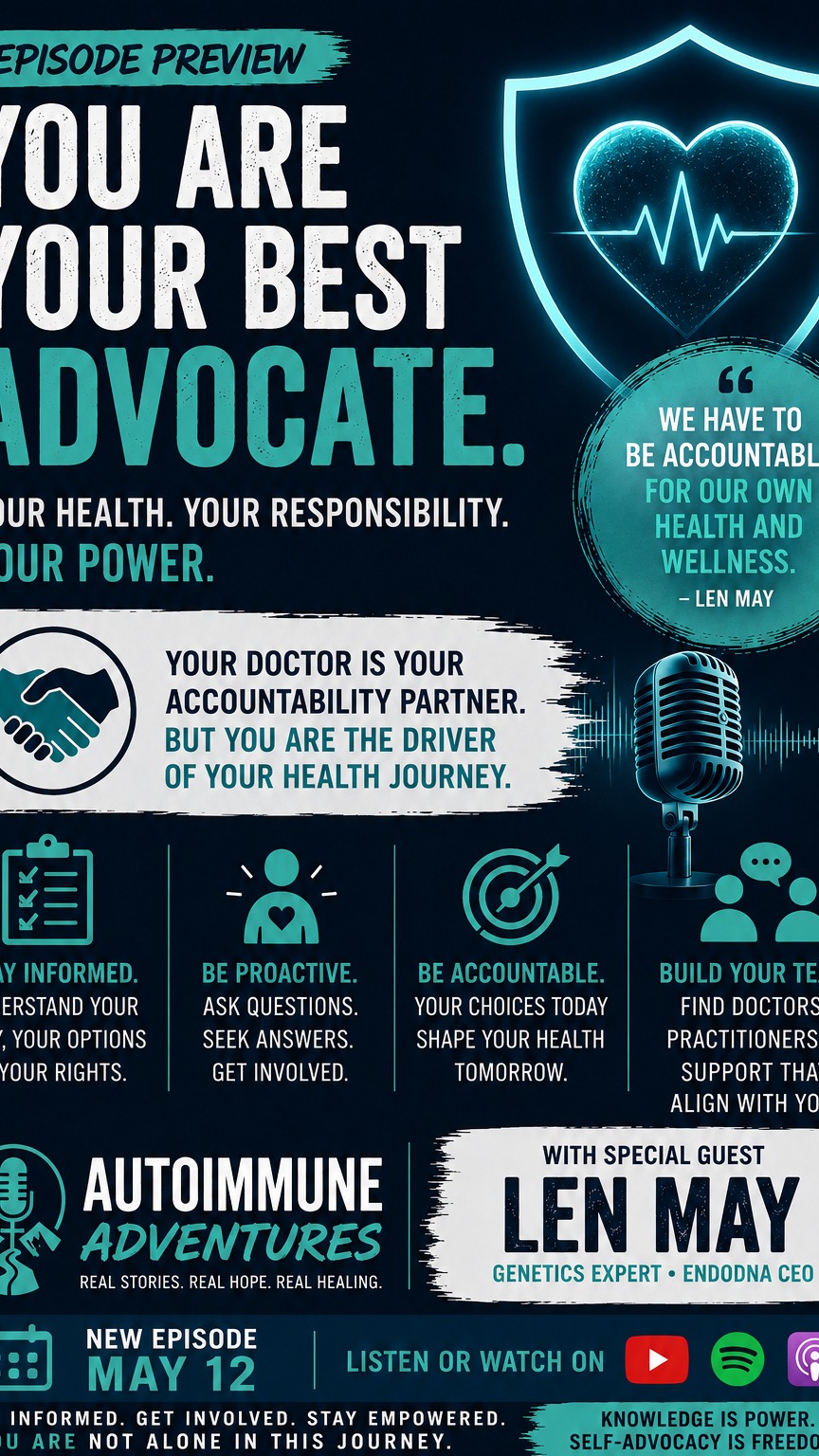 Your Doctor Shouldn’t Be Your Only Advocate | Len May on Autoimmune Health
We have to be accountable for our own health.
One of the hardest truths in chronic illness?
No one will fight for your health harder than you will.
In this clip, Len May talks about self-advocacy, accountability, and the importance of becoming an active participant in your own wellness journey.
Doctors matter.
Support matters.
But understanding your own body matters too.
This is such an important conversation for anyone navigating autoimmune disease or chronic illness.
🎙️ Full episode releases May 12 on Autoimmune Adventures.
#SelfAdvocacy #AutoimmuneDisease #ChronicIllness #PatientAdvocate #HealthAdvocate #AutoimmuneAwareness #ChronicIllnessWarrior #HealingJourney #FunctionalMedicine #PersonalizedMedicine #HealthPodcast #AutoimmuneAdventures #InvisibleIllness #WellnessSupport #EmpoweredHealth