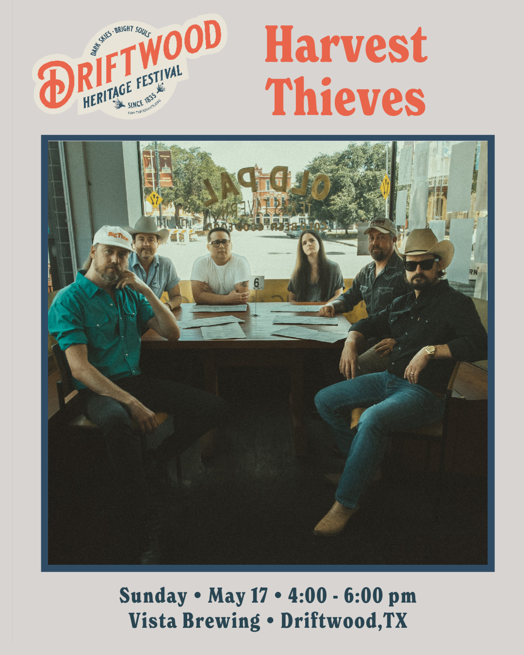 We love playing out at Vista Brewing and have a good one this Sunday for the Driftwood Heritage Festival!
Join us for a full day of good tunes on a beautiful Texas Hill Country spring day!
We take the stage at 4:00pm! Muy bueno!
-----
12pm - Billy Garza and The Amazing Robek
1:30pm - Sophia Johnson Band
4:00pm - Harvest Thieves
-----
@vistabrewing
@driftwoodhcs
@thebillygarza
@sjmusicatx