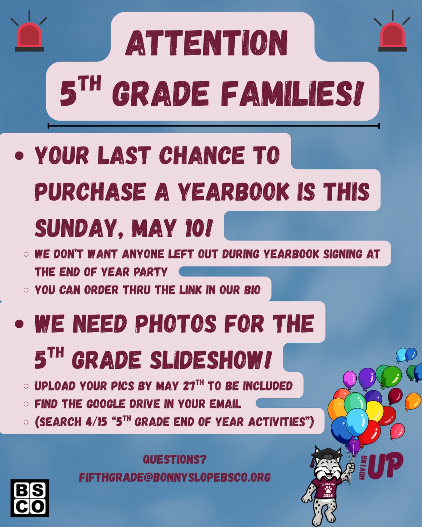Hey 5th grade! Two deadlines we want to make you aware of! ⏱️ 1 - your last chance to buy a yearbook is this Sunday! This is optional but we don’t want anyone who wants one to miss out. And 2 - we need pics of your student for the slideshow by May 27! You can find both the links to order yearbooks and upload photos in our bio ✅