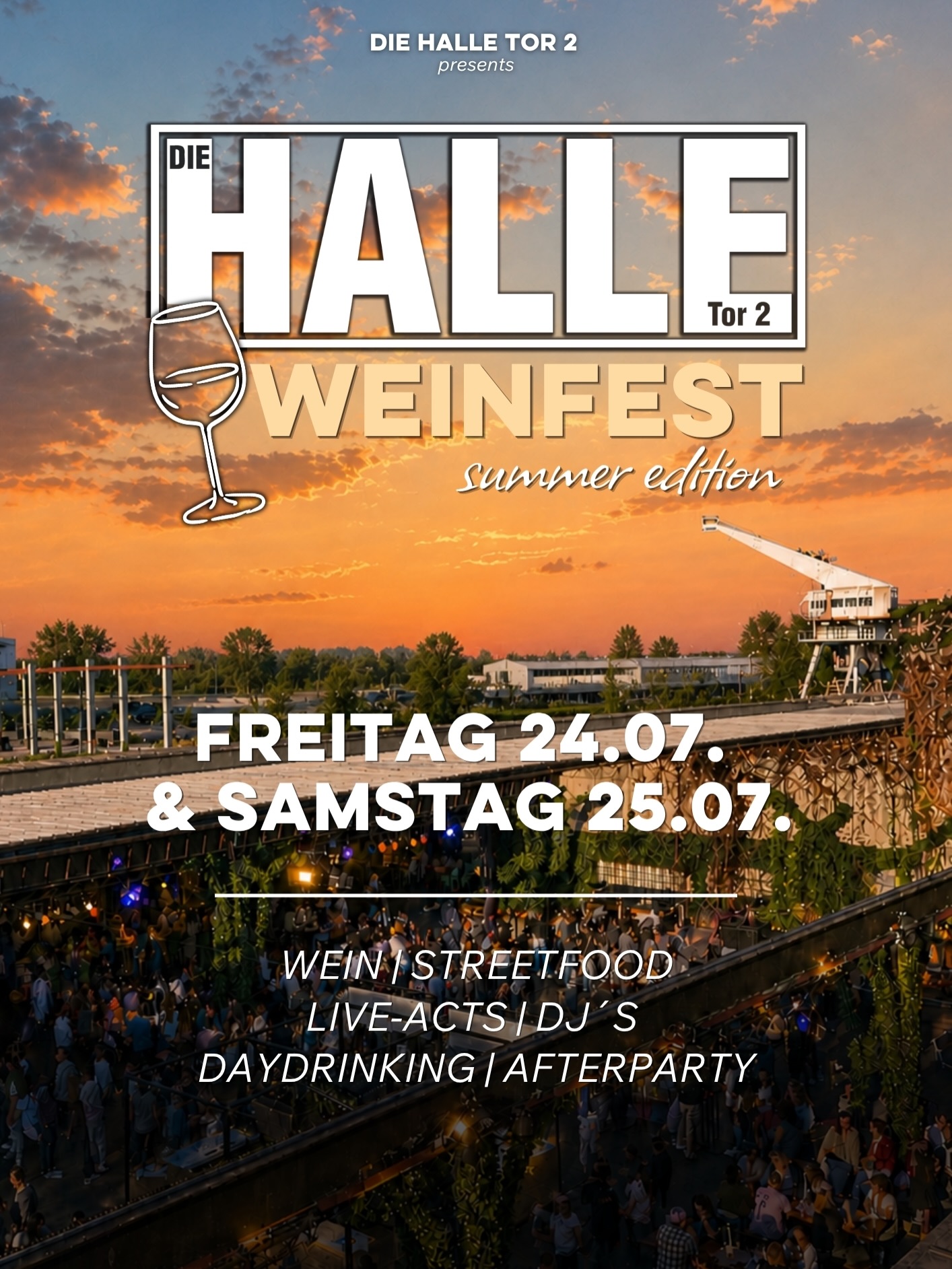 Nach dem großen Erfolg geht’s in die nächste Runde - erstmals im Hochsommer!
Am 24.07.2026 und 25.07.2026 veranstalten wir Das HALLE Tor 2 Weinfest.🍇🍷
Freut euch auf ausgewählte Weinstände mit Winzer*innen aus verschiedenen Regionen, Streetfood und Live-Acts.🕺
Tickets sind ab sofort über den Link in unserer Bio erhältlich.🎟️
Early Bird Tickets gibt es nur für diejenigen, die unserem WhatsApp Channel folgen👀
Wir freuen uns auf Euch!🪩🕺🍇