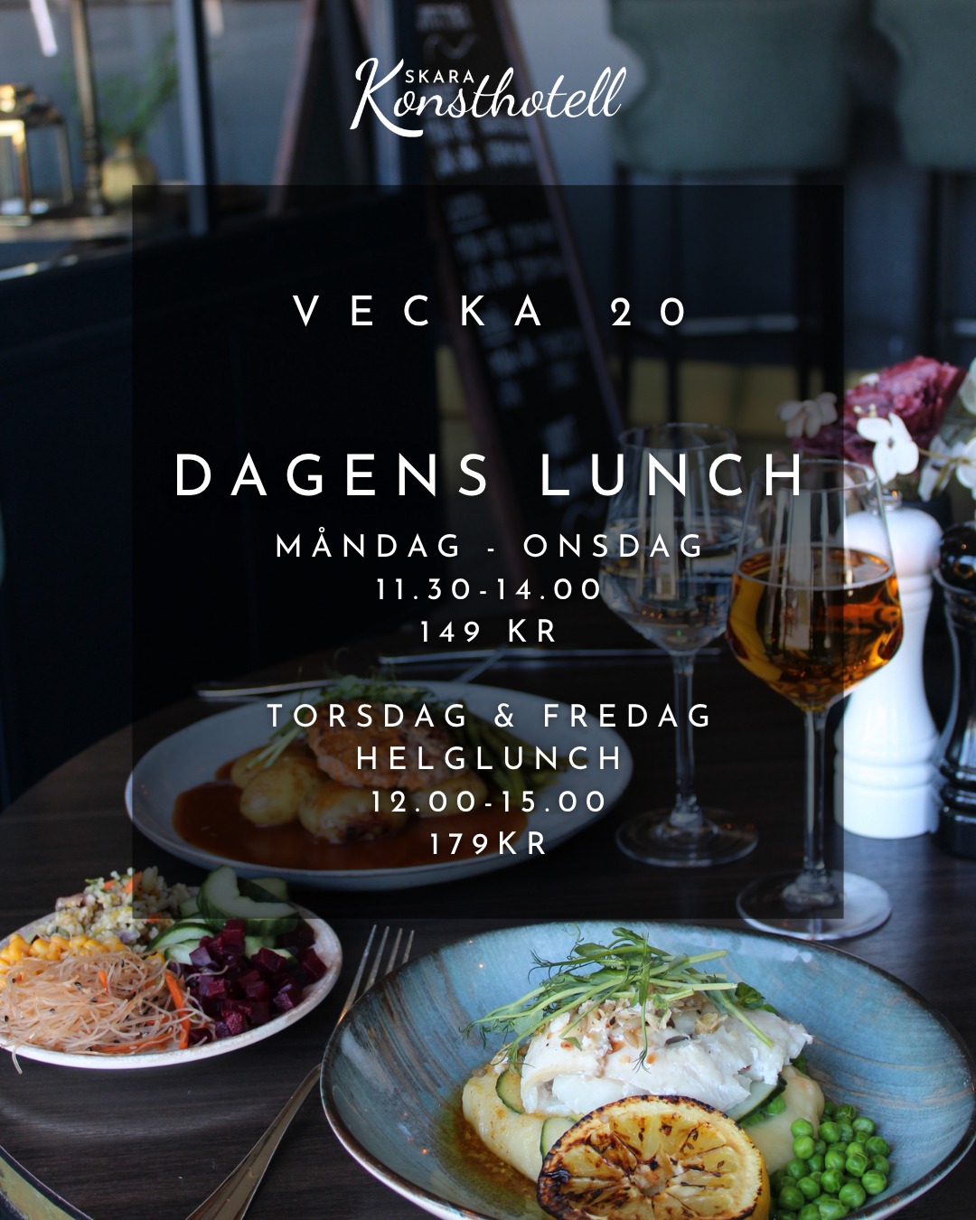 Kommt diese Woche doch zum Mittagessen bei uns vorbei!🍽️😍MontagHähnchen mit Rosmarin & Zitrone, serviert mit Couscous & kalter KnoblauchsauceFisch- und Meeresfrüchte-Eintopf, serviert mit gekochten Kartoffeln & DillDienstagHackbraten, serviert mit gekochten Kartoffeln, Sahnesauce, Preiselbeeren & eingelegten GurkenFisch- und Meeresfrüchte-Eintopf, serviert mit gekochten Kartoffeln & DillMittwochSteak mit Bambussprossen, serviert mit Jasminreis, Frühlingszwiebeln & gerösteten SesamkörnernFisch- und Meeresfrüchte-Eintopf, serviert mit gekochten Kartoffeln & DillDonnerstag & Freitag, Wochenend-Mittagessen um 12.00 Uhr, 15.00 Uhr, 179:- Bei niedriger Temperatur gegartes Schweinefilet, serviert mit Wurzelgemüse-Gratin, gebackenen Tomaten & Kräuter-Soße. Kabeljau-Rücken, serviert mit gebackenem Lauch, Kräutern, Weißweinsauce & eingelegter gelber Rübe. Spargel-Risotto, serviert mit Gremolata & Parmesankäse (Vegetarisch) Vegetarisches Angebot der Woche Montag – Mittwoch Glasnudelsalat serviert mit Gemüse, mariniertem Tofu & Limette Tischreservierungen können Sie auf unserer Website, telefonisch unter 0511 31 00 00 oder per E-Mail an info.konst@julahotell.se vornehmen