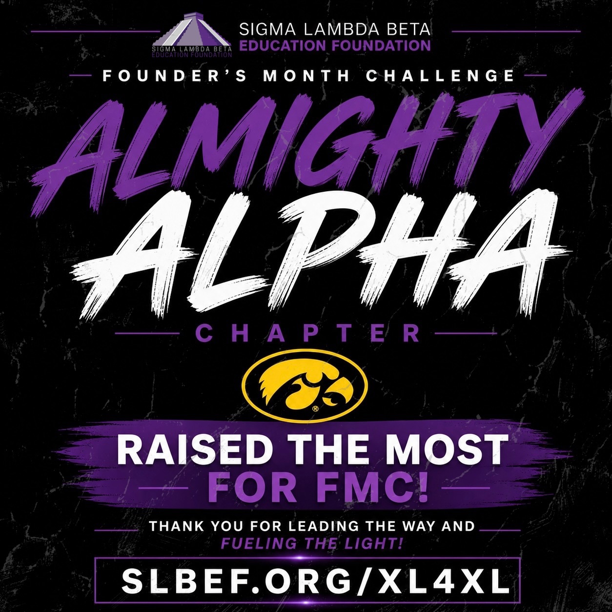 Shoutout to the Almighty Alpha Chapter for raising the most during this year’s Founder’s Month Challenge 💜
Thank you to every alumni brother, chapter, and donor who showed love and helped make this campaign a success. Because of you, more undergrads will have the opportunity to attend and experience Betacon XL 🐎🗝️
Check out the full scoreboard and final standings at slbef.org/xl4xl
#SLBEF #FuelingTheLight #BetaConXL #SLB1986