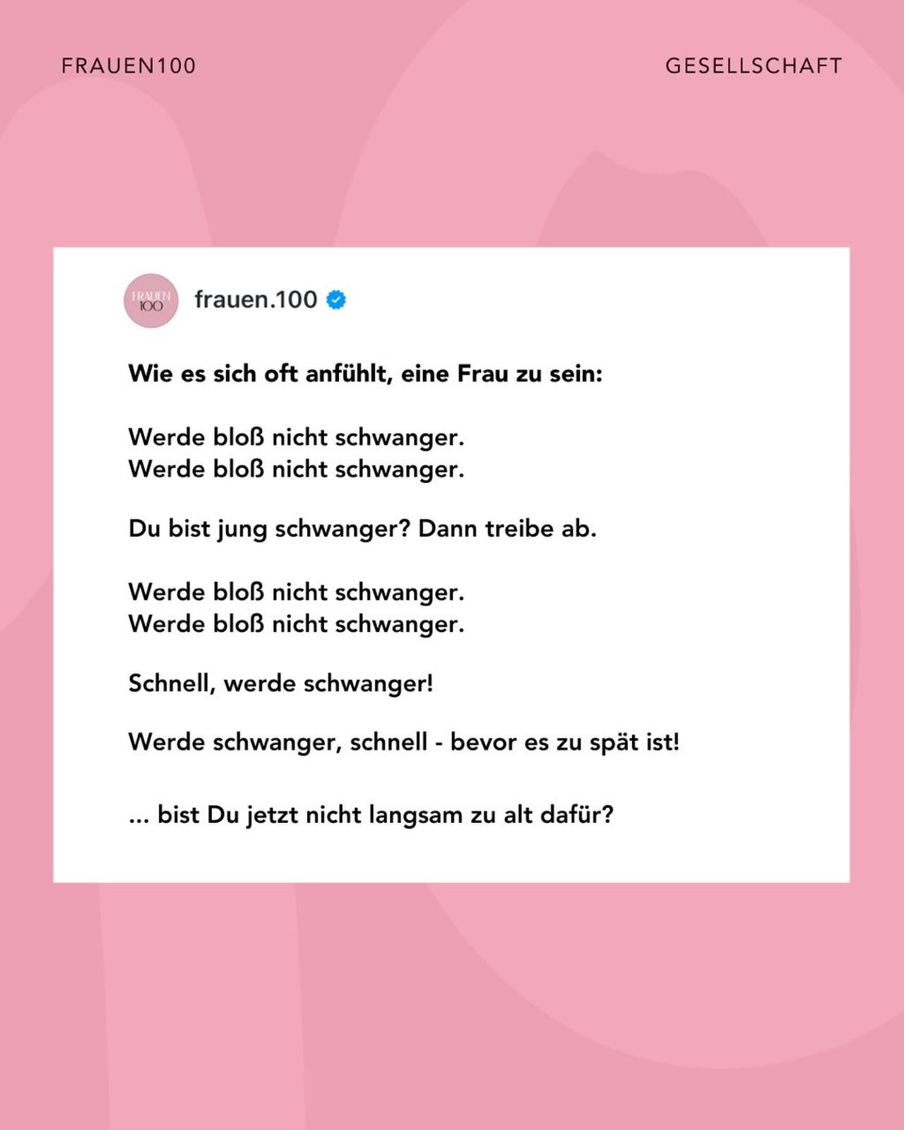 Dein Körper. Deine Zeit. Deine Entscheidung.
Frauen werden täglich mit widersprüchlichen Botschaften über ihren Körper bombardiert. Was wir wirklich brauchen? Weniger Urteile. Mehr Vertrauen. In uns selbst – und füreinander.
#frauen100 #femaleempowerment #schwangerschaft #gesellschaft