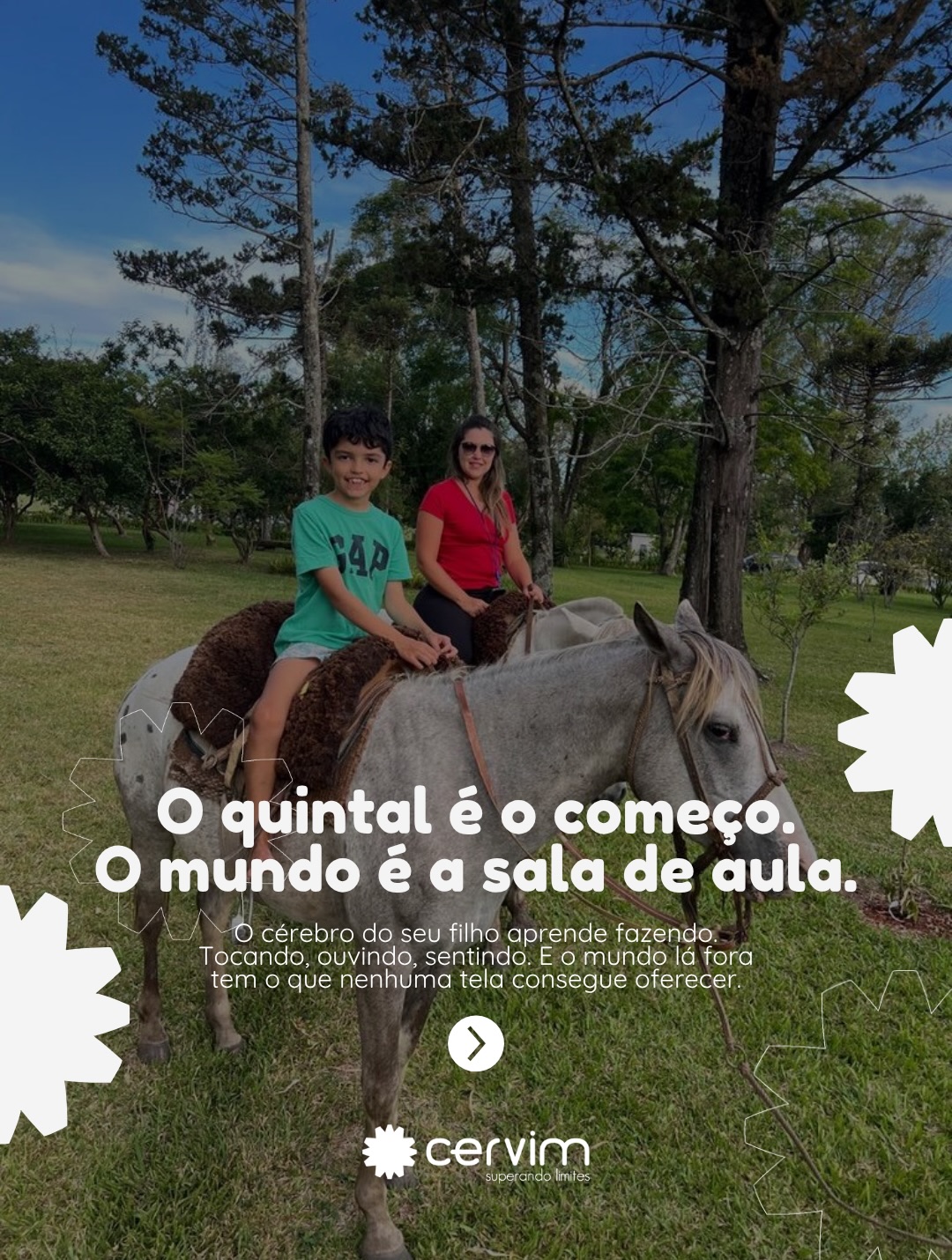 O quintal é o começo. O mundo é a sala de aula.
Texturas, sons, pessoas, animais, cheiros, lugares... o cérebro do seu filho está com fome disso.
Arrasta pra ver por que sair de casa importa mais do que você imagina. 👉
#cervim #Cervim20Anos #desenvolvimentoinfantil #TEA #TDAH