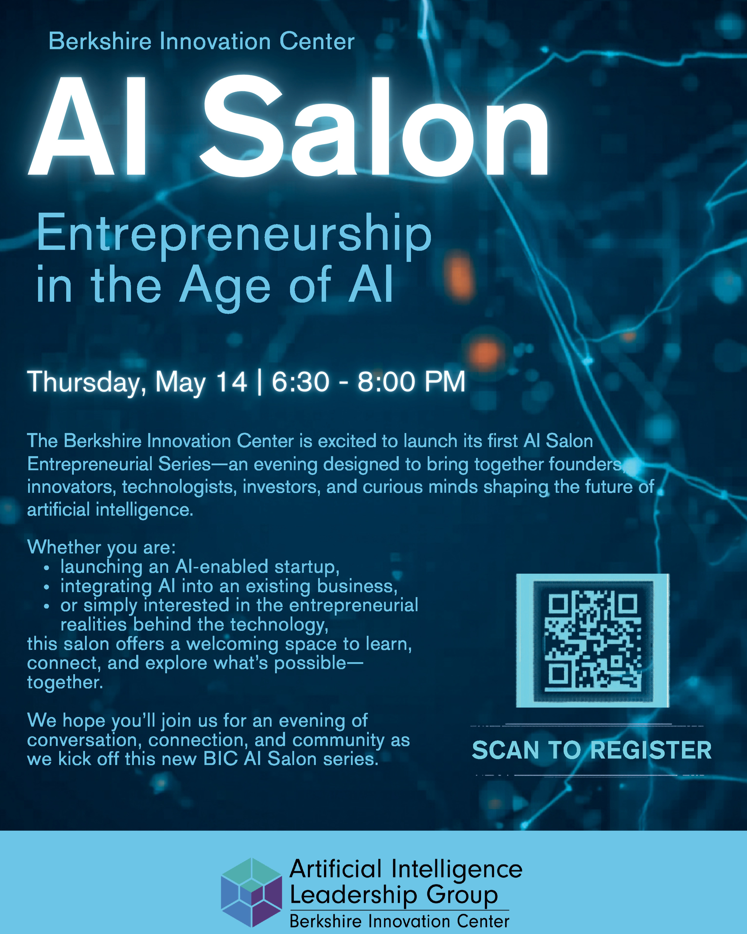 Join Us: BIC AI Salon ā Entrepreneurship in the Age of AI
Thursday, May 14 | 7:00 PM
Berkshire Innovation Center
The Berkshire Innovation Center is excited to launch its first AI Salon Entrepreneurial Seriesāan evening designed to bring together founders, innovators, technologists, investors, and curious minds shaping the future of artificial intelligence. This inaugural salon will be a social, interactive gathering featuring a small group of experienced AI entrepreneurs and practitioners who will share candid insights into building AIādriven venturesāfrom early experimentation and productāmarket fit to scaling responsibly in a rapidly evolving landscape.
More than a panel, this salon is designed for:
* Collaborative intellectual engagement
* Open conversation and realāworld perspectives
* Meaningful networking and idea exchange
Attendees will have opportunities to engage directly with speakers, ask questions, and connect with peers who are exploring how AI can drive innovation, solve problems, and create economic opportunity.
Whether you are:
* launching an AIāenabled startup,
* integrating AI into an existing business, or
* simply interested in the entrepreneurial realities behind the technology, this salon offers a welcoming space to learn, connect, and explore whatās possibleātogether.
We hope youāll join us for an evening of conversation, connection, and community as we kick off this new BIC AI Salon series.
See Link in Bio
