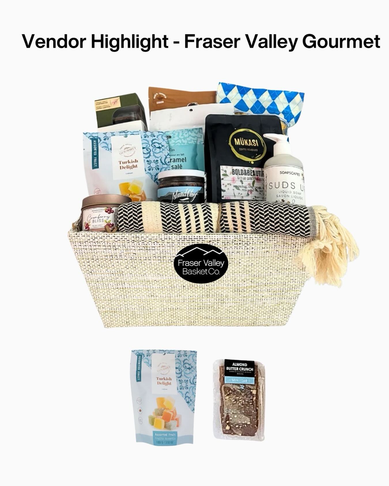 Featuring another local favourite ✨
We’re proud to include products from Fraser Valley Gourmet in many of our curated gift boxes and baskets. Based in Langley, their Turkish Delight and Almond Crunch Bars have become staples in so many of our gifts.
Small batch treats, beautiful packaging, and locally made right here in BC.
#FraserValleyBasketCo #ShopLocalBC #SupportLocalBC #GiftBoxes #GiftBaskets