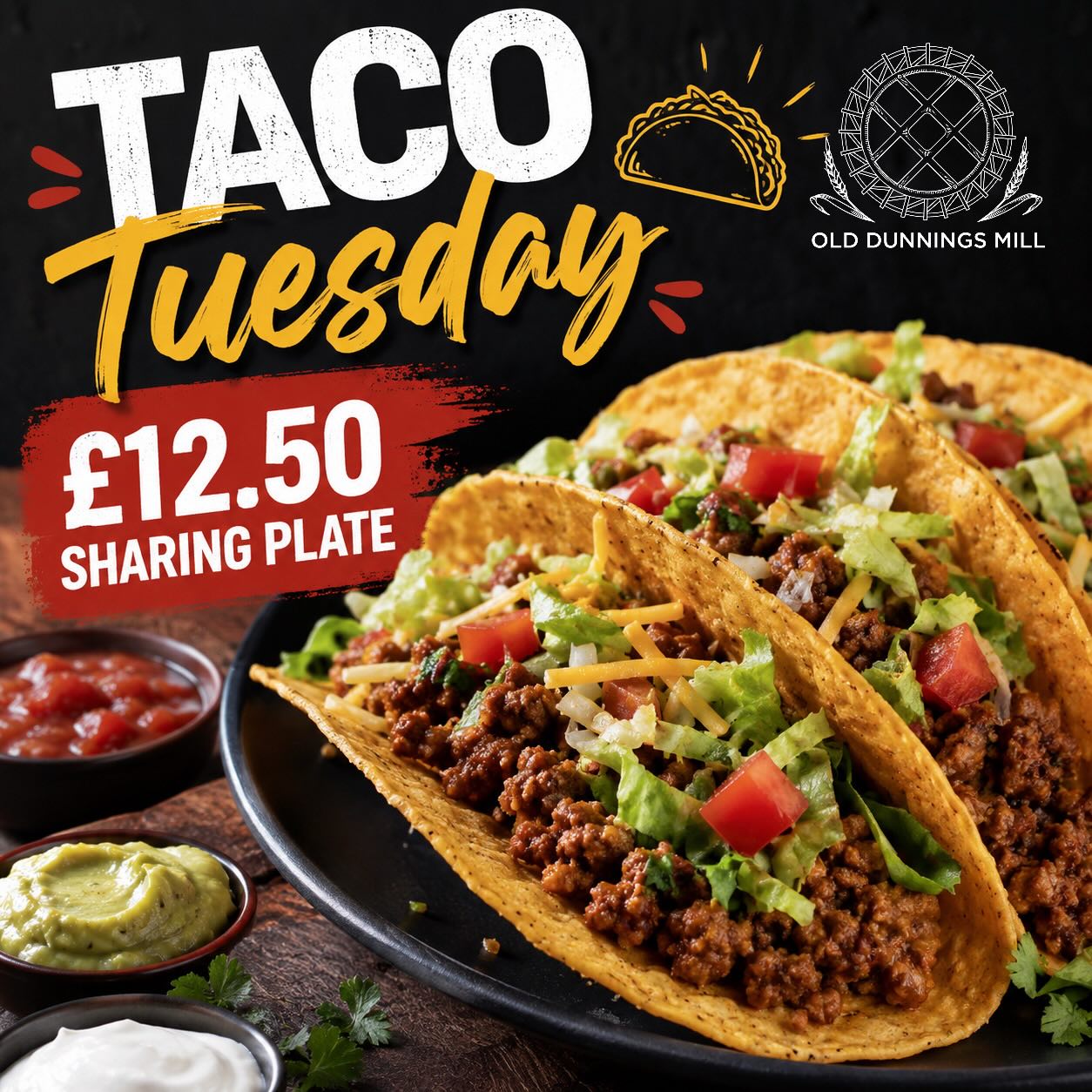 Taco Tuesday at The Old Dunnings Mill! 🌮
Choose from beef or vegetarian share plates for just £12.50.
Big flavour, small price.
Come down to The Old Dunnings Mill and enjoy!
#eastgrinstead #sussex #pubgrubhub
