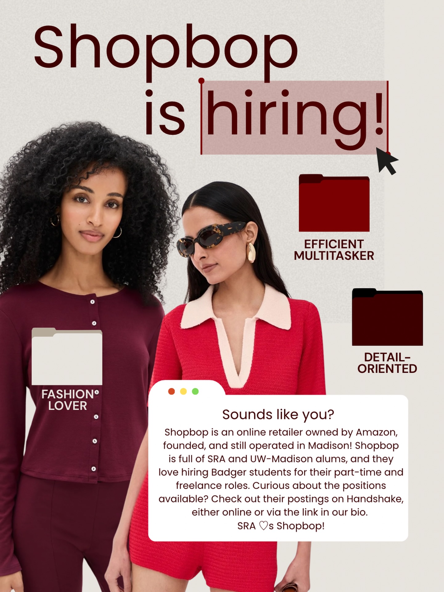 SHOPBOP WANTS YOU! 🫵🛍️ Our students got to hear from shop up a few weeks ago about their open freelance positions! Miss the meeting? no worries, shopbop is hiring on a rolling basis for these positions, and love hiring badgers! Check out the link in our bio today to apply.