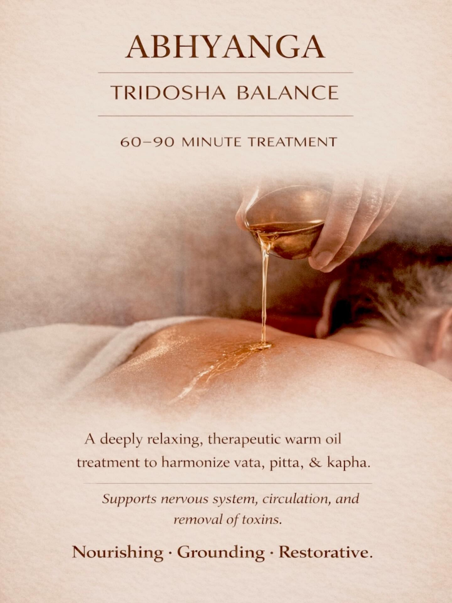 ABHYANGA ✨
Ayurveda’s traditional warm oil body treatment designed to nourish the nervous system, calm the mind, and support whole-body balance.
This grounding ritual uses warm botanical oils selected to support your constitution and current state of imbalance.
Abhyanga offers assistance with:
• stress & nervous system overwhelm
• dryness / excess vata
• feeling depleted or ungrounded
• seasonal transitions
• supporting circulation + deep relaxation
A treatment that invites your body to slow down, soften, and receive.
Vagaro link in bio to book.
✨Ayurvedic Treatments
〰️ Ayurvedic Body Work 60 - 90 minutes
#ayurveda #abhyanga #ayurvedicbodywork #ayurvedicwellness