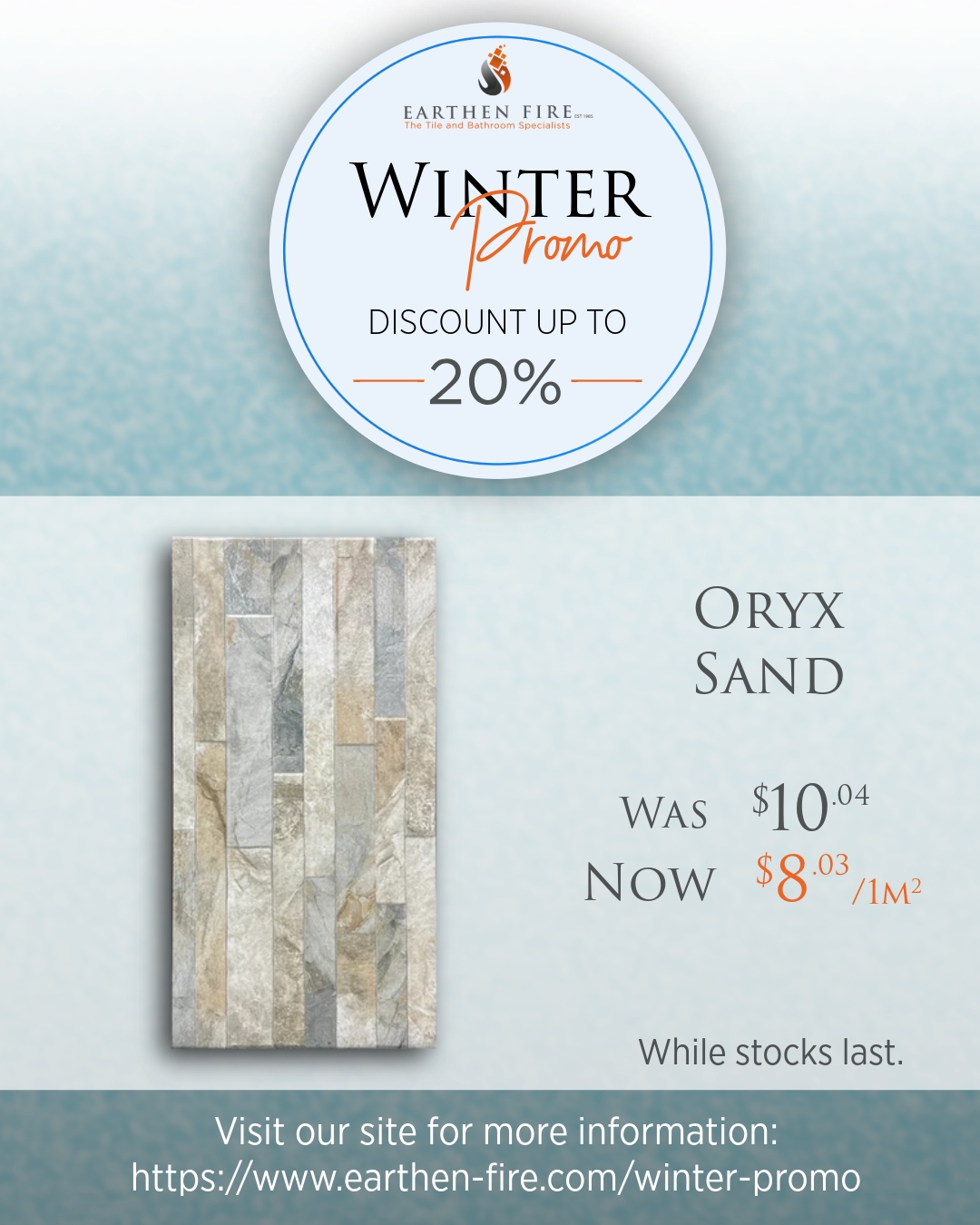 ❄️✨ WINTER SAVINGS HAVE ARRIVED ✨❄️
Refresh your spaces this season with elegant tile specials designed to bring warmth, texture, and timeless style into your home.
From feature walls to refined interiors, enjoy selected Winter Promo deals with discounts of up to 20% — while stocks last.
Explore more winter specials here:
https://www.earthen-fire.com/winter-promo
Visit our showroom or contact us today:
https://wa.me/263772204044
#EarthenFire #WinterPromo #TileSale #WallTiles #InteriorDesign #HomeInspo #LuxuryInteriors #ZimbabweHomes #ModernLiving #FeatureWall #HomeRenovation #TileDesign #ElegantSpaces #BathroomDesign #KitchenInspo #ZimbabweDesign #WinterDeals #ArchitecturalDesign
