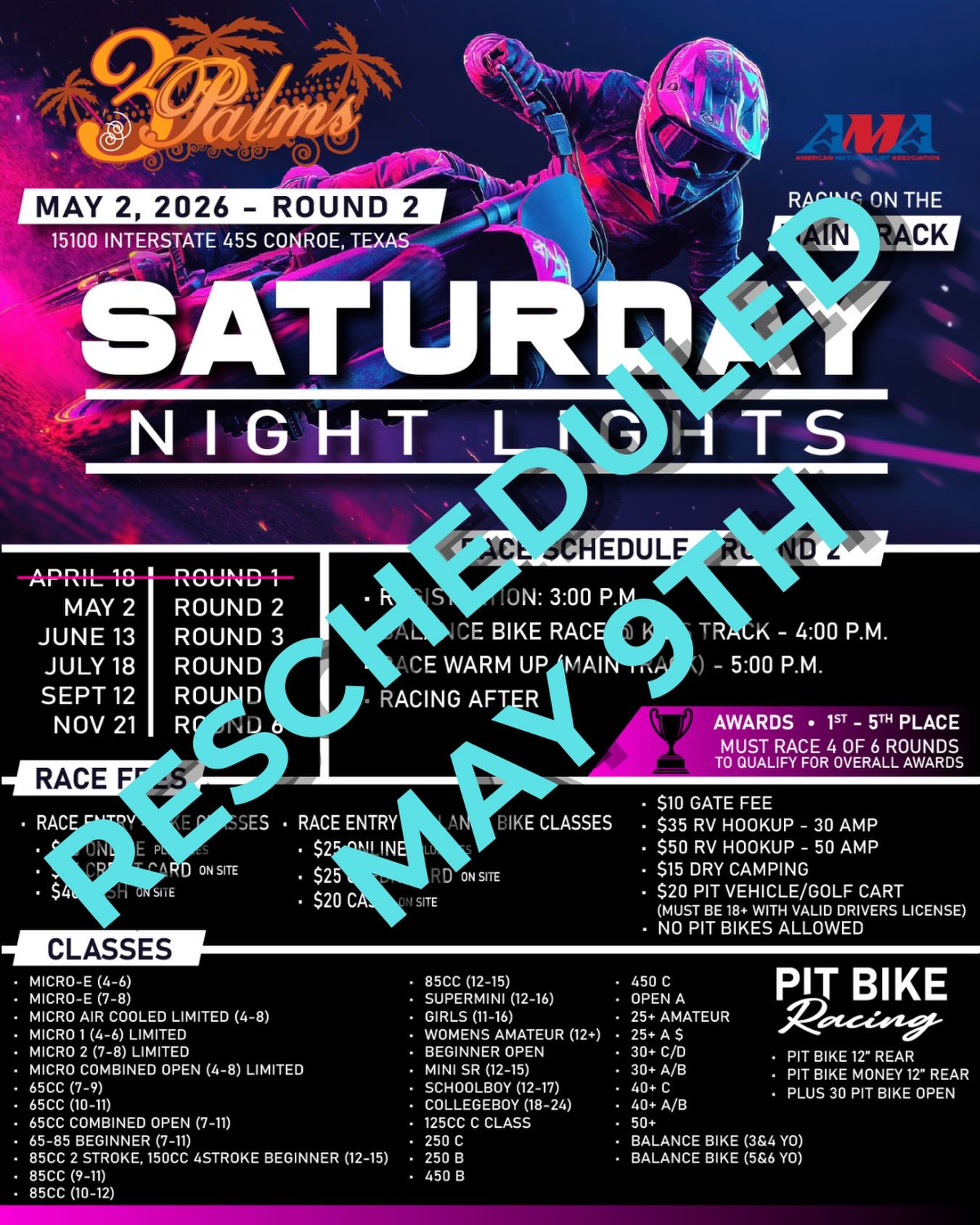 It’s Friday evening of May 8th and we will be checking campers in by phone until 10:00 pm. Please call the emergency number posted on the gate once you arrive so that we can further assist you.
Just a side note: we have received ZERO RAIN and rain chances for Saturday May 9th has dropped to 24%. Gates open at 10:00 am for Saturday and remember the Dirt Bike Connection Main Track will close at 2:00 pm for race prep and the Kids Track will close at 3:00 pm for race prep. On-Site Registration opens at 3:00 pm. The E-Balance Bike race warm ups and races kick off at 4:00 pm on the Kids Track. Race Warm Ups for all other classes will start at 5:00 pm.