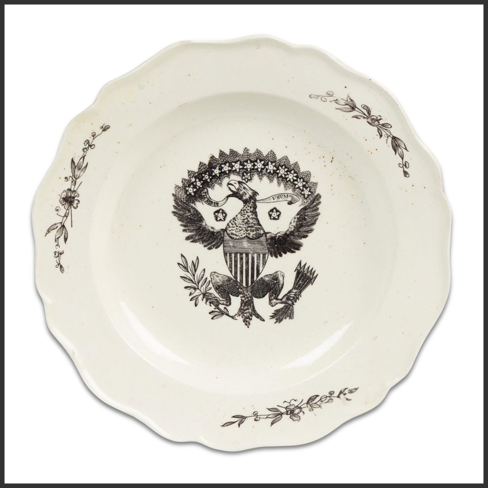 English Creamware Transfer-Printed Plate for the American Market
England, circa 1810
A finely printed Liverpool creamware plate decorated with a bold American eagle bearing shield, olive branch, and arrows beneath a constellation of stars. Produced for export to the American market during the early Federal period, the plate reflects the growing demand for patriotic wares celebrating the identity and symbolism of the young republic.
The design closely parallels examples illustrated in Success to America: Creamware for the American Market, underscoring the popularity of American eagle imagery within the Anglo-American ceramic trade of the early nineteenth century.
Now available from Gallery 76 Americana.
#Gallery76Americana #Creamware #AmericanEagle #Americana #EarlyAmeric