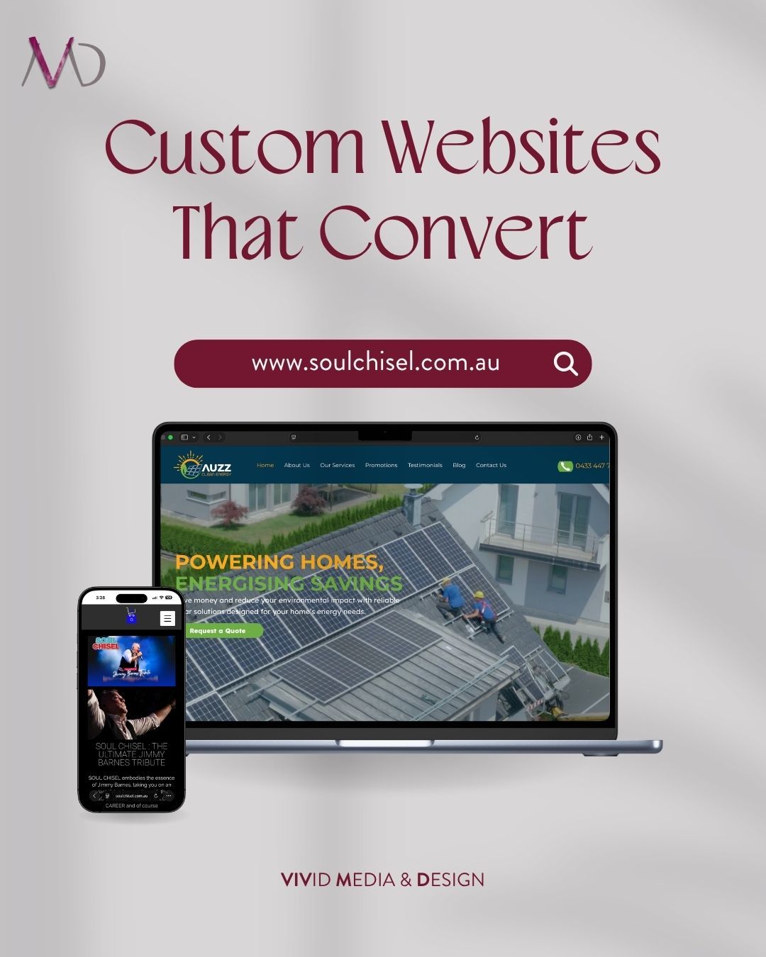 Custom websites built with one goal in mind: results ✨
At VMD we don’t just design websites, we create digital spaces that turn visitors into real clients. Clean, strategic, and built to convert from the very first click. 💻
Ready to upgrade your online presence?
Let’s build something that works for your business.📁
Check us out at www.vividmediadesign.au�
#VividMediaDesign #NewsletterDesign #EmailMarketing #CreativeStudio #SocialMediaManagement #DesignThatConnects #DigitalDesign #VisualStorytelling #CreativeInspo #ContentDesign #ModernDesign #WebsiteGoals