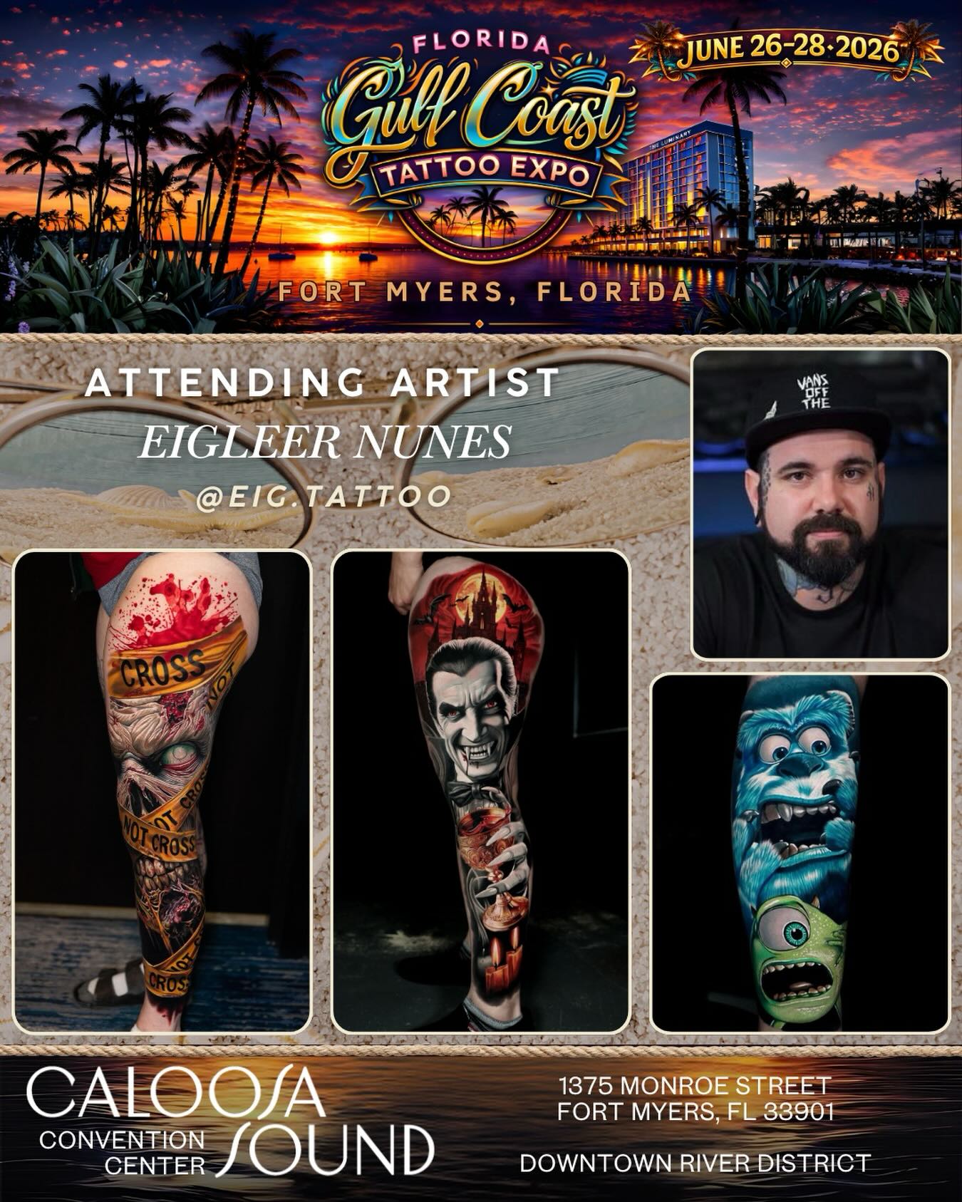 Please help us welcome @eig.tattoo to the 2026 @floridagctattooexpo, to be held June 26-28 at the Caloosa Sound Convention Center in the Historic River District of Downtown Ft. Myers, Florida!
✉️ Please DM @eig.tattoo for all inquiries about walk-ups and/or appts at the show!
🚨 Over 200 tattoo artists
🚨 Dozens of retail/art/merch & supply vendors
🚨 SWFL’s LARGEST TATTOO CONTEST… judged by Yallzee, Alwin Perez & TattooCasper
🚨 MC Joey Tattoo
🚨 Live music by Smack Daddy: and
🚨 Live sculpting and horror play by the famous Wayne Anderson Designs and his SWFL Haunted Attraction: Legends of Oblivion (hauntedswfl on IG)
🚨 Amazing Food & Libations
🏆🏆 We separate healed and fresh tattoo contests at this show! Healed categories are open!!! Like your piece? Enter it. Artists not tattooing at the show? Cool - send or bring your client!
Kids 12 and under are free, however parental discretion is advised due to language, risqué shows, and possible nudity.
🎟️ Tickets can be purchased on our website. Link in the bio.
⏰Hours: 11am-11pm Friday & Saturday 11am-7pm Sunday
🏨Also, if you would like to Stay & Play for a night or two, the Luminary has extended us an even better group rate starting at $189/night, which is a steal for this normally $350-$600 per night hotel! Reservations can only be made on our website www.floridagctattooexpo.com/hotel
#floridagctattooexpo #swfl #fortmyers #capecoral #tattooed