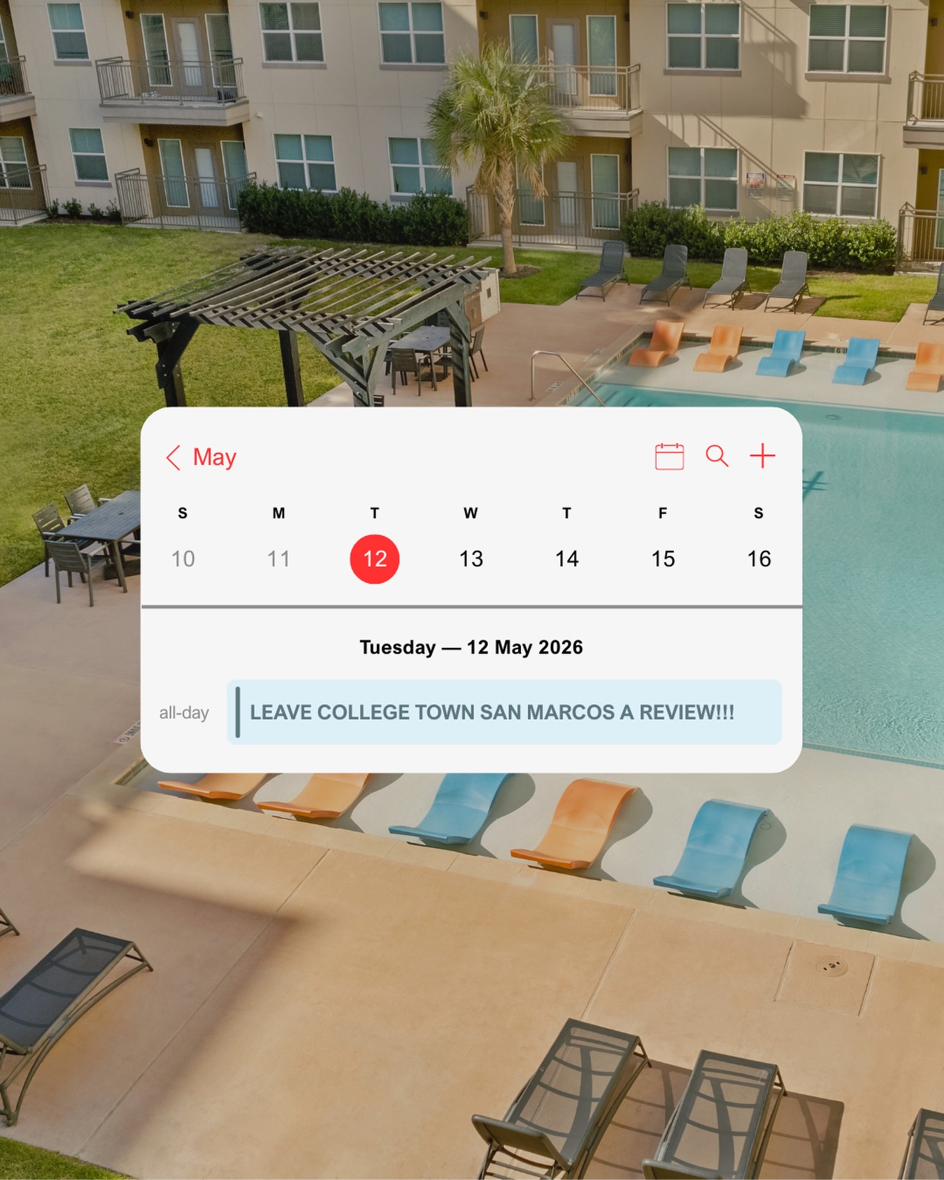 📝 What’s on the agenda today? Oh right—leave us a review! 🌟
Love living here? Let the world know! Your feedback helps us keep the vibes high and the community growing. 🏢✨
Click the link in our story to share your experience! 🔗
#CollegeTownCommunities #LiveWithin #CollegeTownSanMarcos
