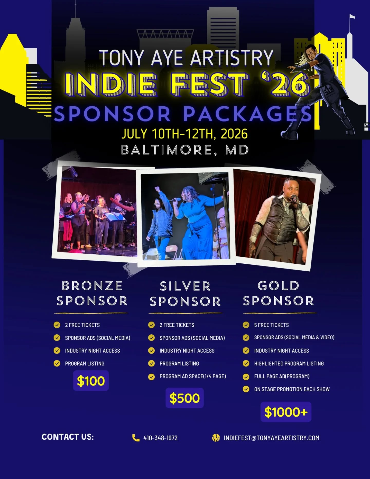 Join our growing list of Sponsors for Indie Fest '26! Your donations help elevate the event and we share your name with hundreds of new leads!
We're accepting donations in the form of:
Monetary Donations to pay for event expenses
In Kind Donations of your branded Swag for our Very Important S.A.F.E. People (V.I.S.P.)
Donation of your services before and during Indie Fest
Interested? Apply here: http://tr.ee/indiefest26
#TonyAyeArtistry #IndieFest26 #sponsors #nonprofit #indieartists