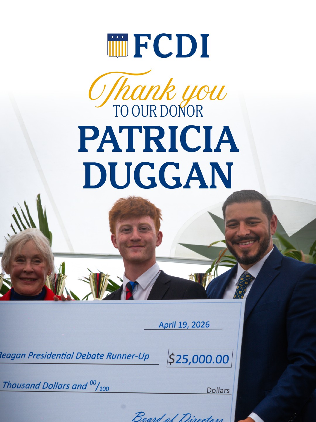 The Charlie Kirk Award and Scholarship would not be possible without the incredible generosity of our donor, Patricia Duggan.
This year, the Charlie Kirk Award and Scholarship was proudly presented to the champion of the Ronald Reagan Presidential Debate at the 2026 FCDI State Championship. Because of your support, that achievement carries lasting meaning by fueling a student's pursuit of higher education.
To learn more, visit civicsanddebate.com.