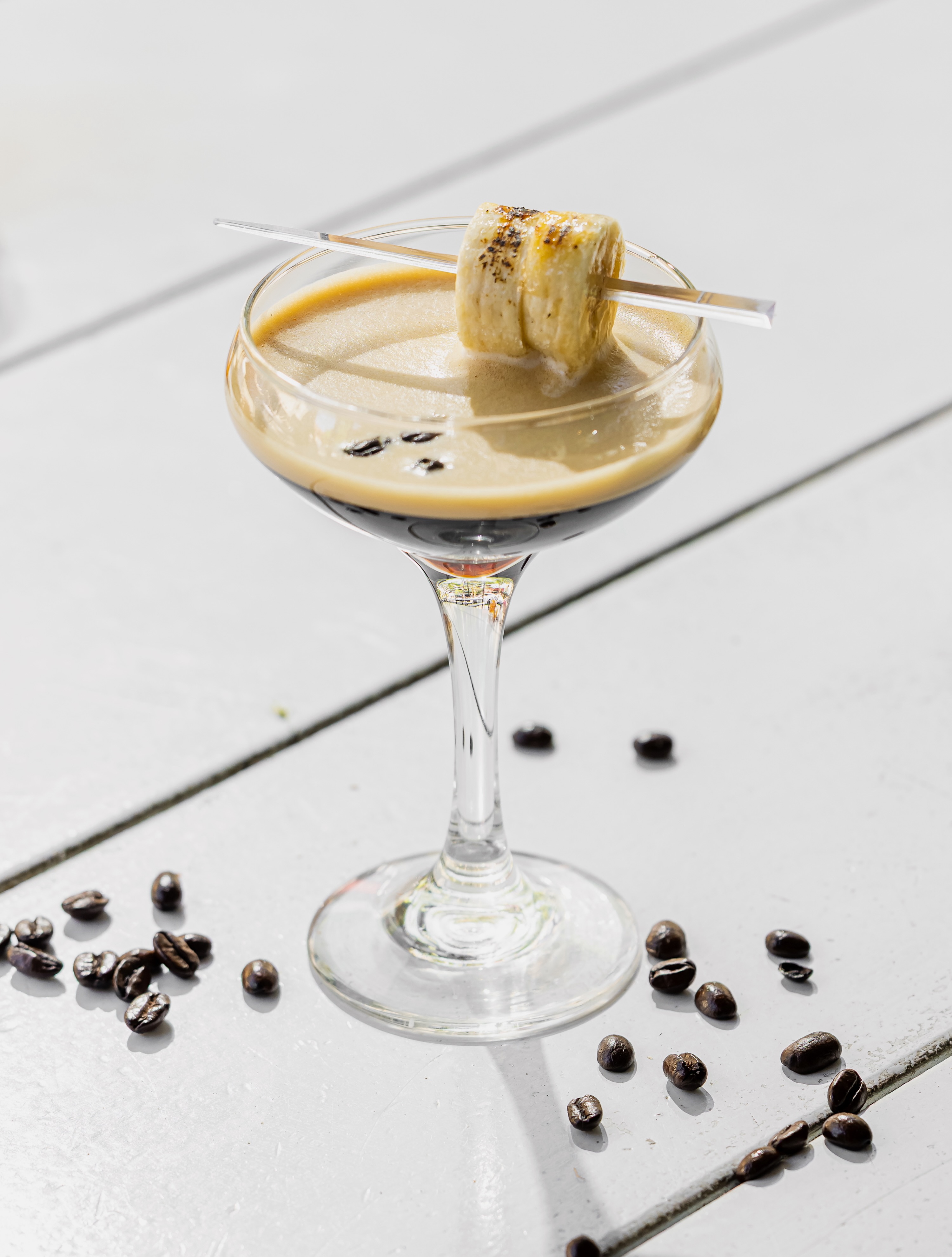 banana bread espresso martini 🍌 dessert in a glass, with grey goose vodka, hard espresso, col....