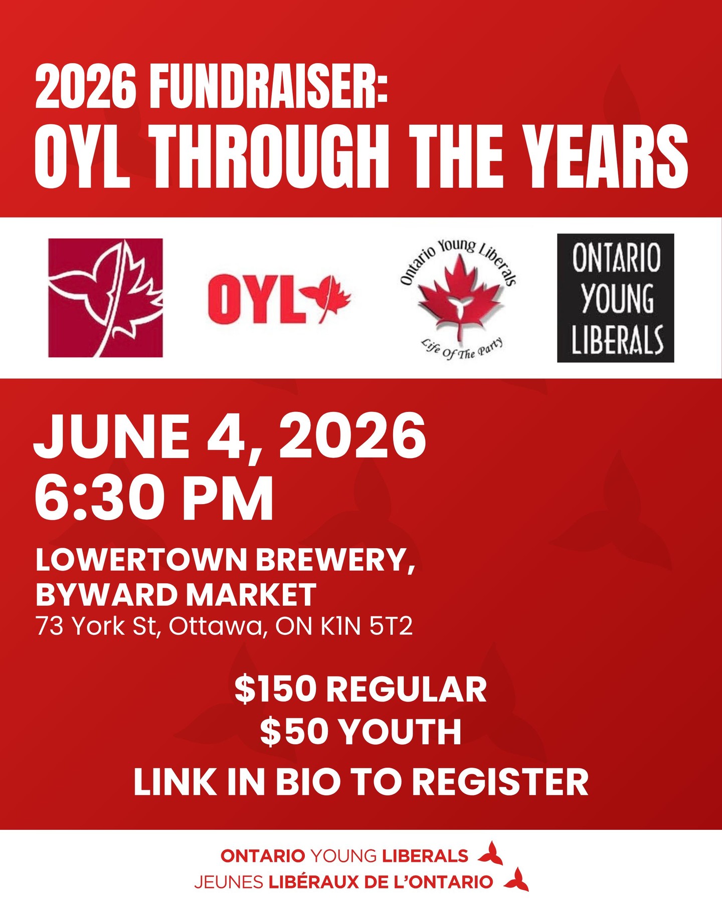 The Ontario Young Liberals invite you to OYL Through the Years, a fundraising celebration of the people, moments, and memories that have shaped this organization.
//
Les Jeunes Libéraux de l’Ontario sont ravis de vous inviter à JLO à travers les années, une soirée-bénéfice célébrant les personnes, les moments et les souvenirs qui ont fait de cette organisation ce qu’elle est aujourd’hui.
