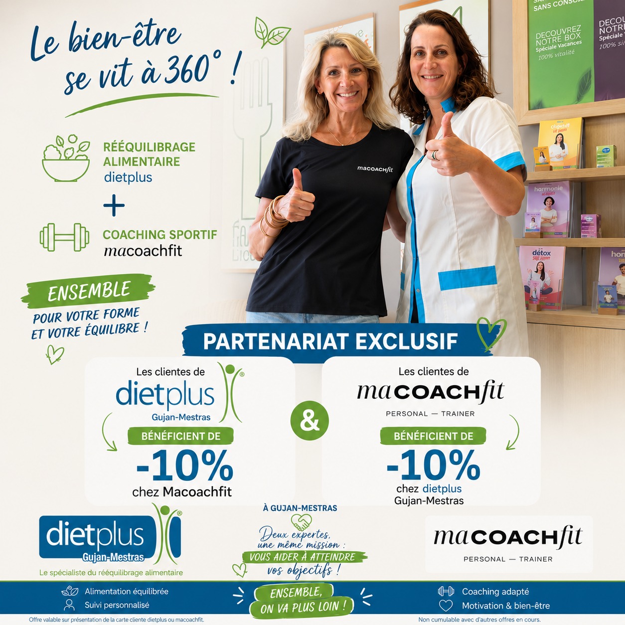 ✨ UNE BELLE NOUVELLE POUR VOTRE BIEN-ÊTRE ✨
Parce qu’une transformation durable passe autant par l’alimentation que par le mouvement, nous sommes heureuses de vous annoncer notre partenariat entre dietplus Gujan-Mestras et MaCoachFit 💙💪
🥗 Avec dietplus :
✔️ un bilan offert
✔️ un accompagnement personnalisé
✔️ un suivi hebdomadaire
✔️ un rééquilibrage alimentaire durable
🏋️♀️ Avec MaCoachFit :
✔️ une séance découverte offerte
✔️ un coaching sportif adapté à votre niveau
✔️ de la motivation
✔️ du renforcement physique
✔️ des séances personnalisées
🎁 Et pour célébrer ce partenariat :
Les clientes dietplus bénéficient de -10% chez MaCoachFit
ET les clientes MaCoachFit bénéficient de -10% chez dietplus Gujan-Mestras ✨
Parce qu’ensemble, on va plus loin 💫
📩 Contactez-nous en message privé pour en profiter !
#dietplus #dietplusgujan #gujanmestras #bassindarcachon #reequilibragealimentaire #coachingsportif #macoachfit #perdredupoids #bienetre #remiseenforme #motivation #coaching #santé #objectifforme #leteich #arcachon #sportetsante
