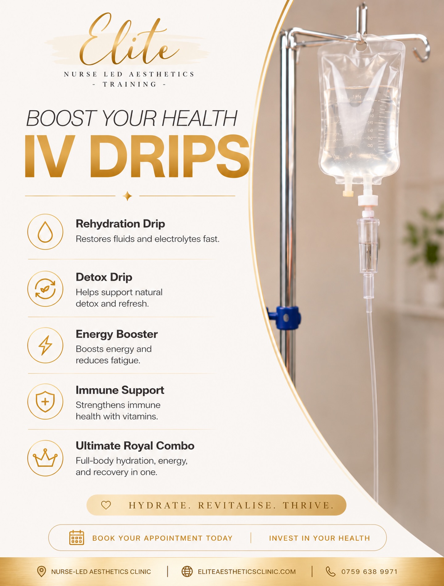 FEEL RUN DOWN, DEHYDRATED OR LOW ON ENERGY? ✨
Our IV Drips are designed to hydrate, replenish and support your body from the inside out 🤍
Whether you need an energy boost, immune support or deep rehydration, our tailored IV therapies deliver essential vitamins and nutrients directly into the bloodstream for fast, effective results ✨
Available drips include:
💧 Rehydration Drip
💧 Detox Drip
💧 Energy Booster
💧 Immune Support
💧 Ultimate Royal Combo
Benefits may include:
🤍 Increased hydration
🤍 Boosted energy levels
🤍 Improved recovery & wellness
🤍 Immune system support
🤍 Feeling refreshed & revitalised
Hydrate. Revitalise. Thrive. ✨
📍 Elite Nurse Led Aesthetics
💌 DM TO BOOK your IV therapy consultation today.
#IVDrips #WellnessClinic #EliteAesthetics #HydrationTherapy #IVTherapy