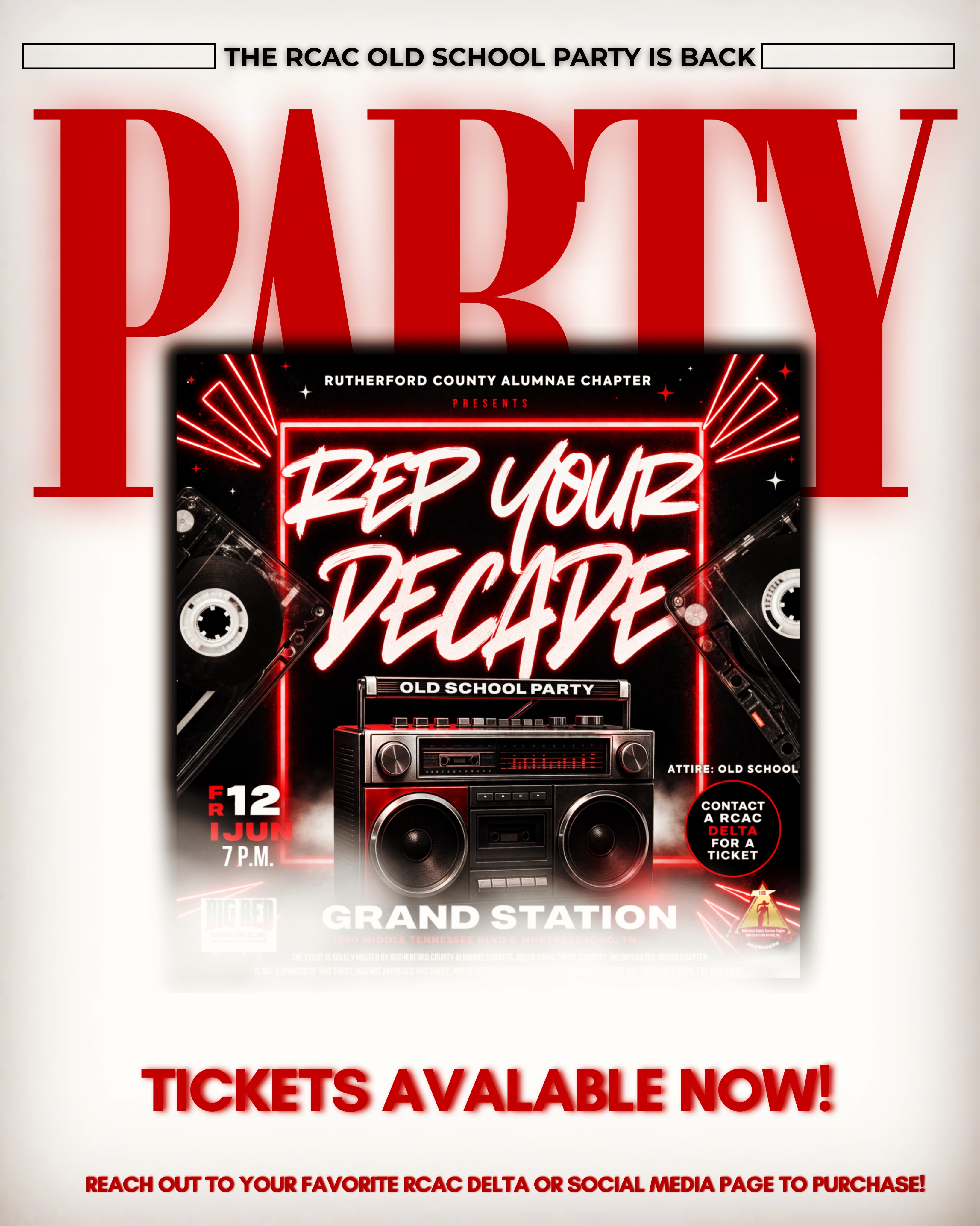 It’s back Rutherford County!! Rutherford County Alumnae Chapters annual Old School Party!
Purchase your tickets now! You do not want to miss this one!!