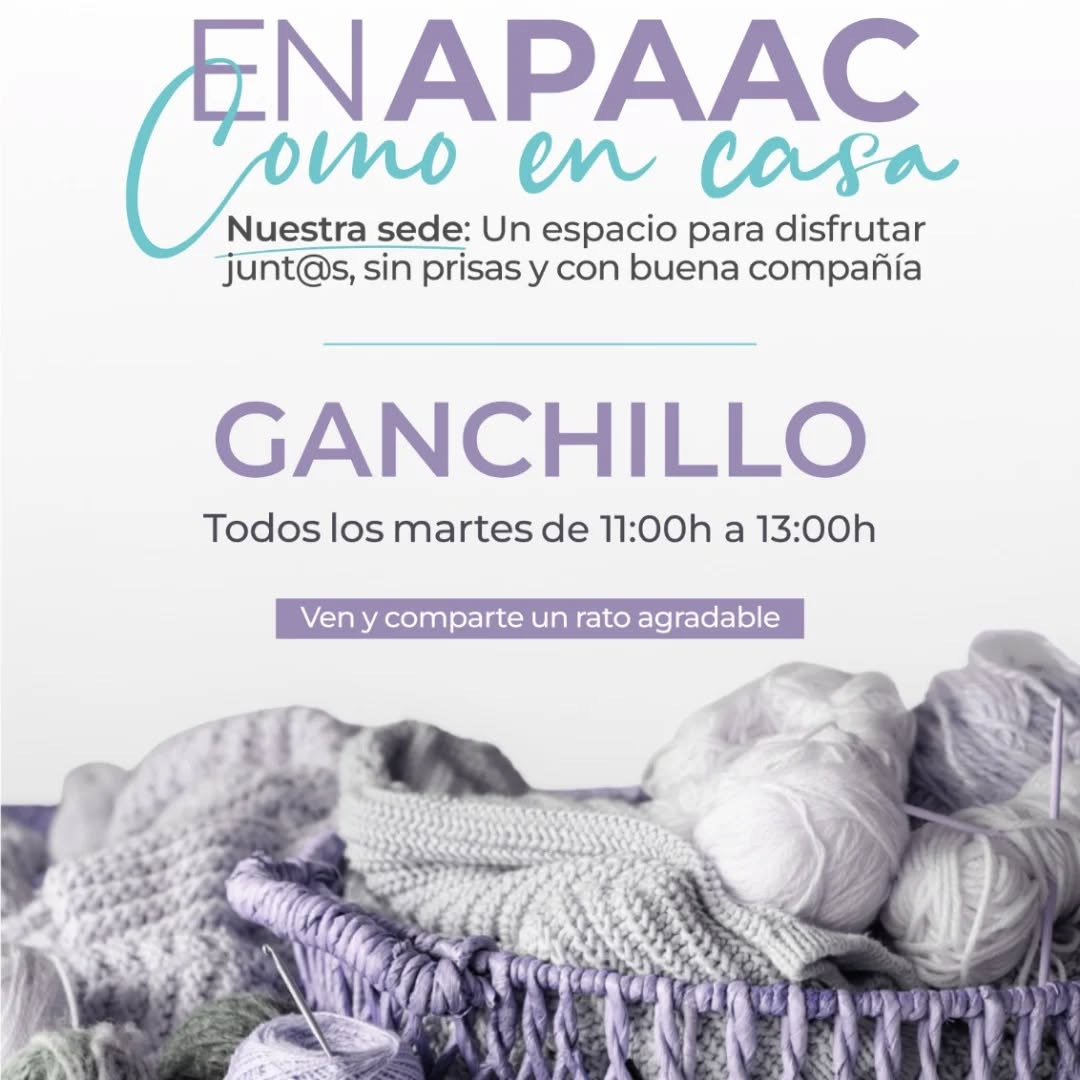 Os esperamos mañana como cada martes en nuestro _*APAAC como en casa - Ganchillo*_
Disfruta de un espacio pensado especialmente para ti.