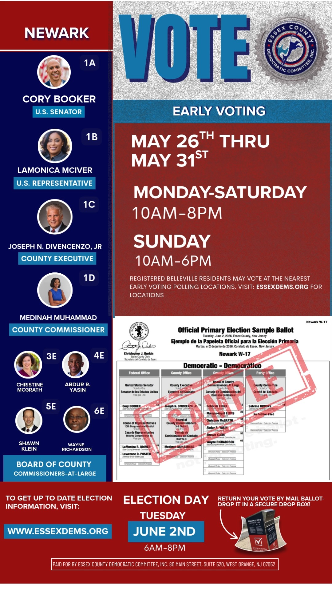 NEWARK, The Ballots are out!
If you have your vote-by-mail ballot. Don't delay, sign it, seal it, and drop it in the nearest secure drop box. Be the first to cast your vote for the June 2nd Primary.
Drop a 👍 below if you returned your ballot. Tag a friend if they need a reminder.
Vote for:
Senator Cory Booker, U.S. Senate, 1A
LaMonica McIver, U.S. Representative, 1B
Essex County Executive Joseph N. DiVincenzo, Jr., 1C
Medinah Muhammad, Essex County Commissioners, 1D
Christine McGrath for Essex County Commissioner At-Large, 3E
Abdur R. Yasin, County Commissioner-At-Large, 4E
Shawn Klein, County Commissioner-At-Large, 5E
Wayne L. Richardson, County Commissioner-At-Large, 6E
And all County Committee Leaders
#VoteByMail #essexdemsendorsed #VoteNow #nj2026elections