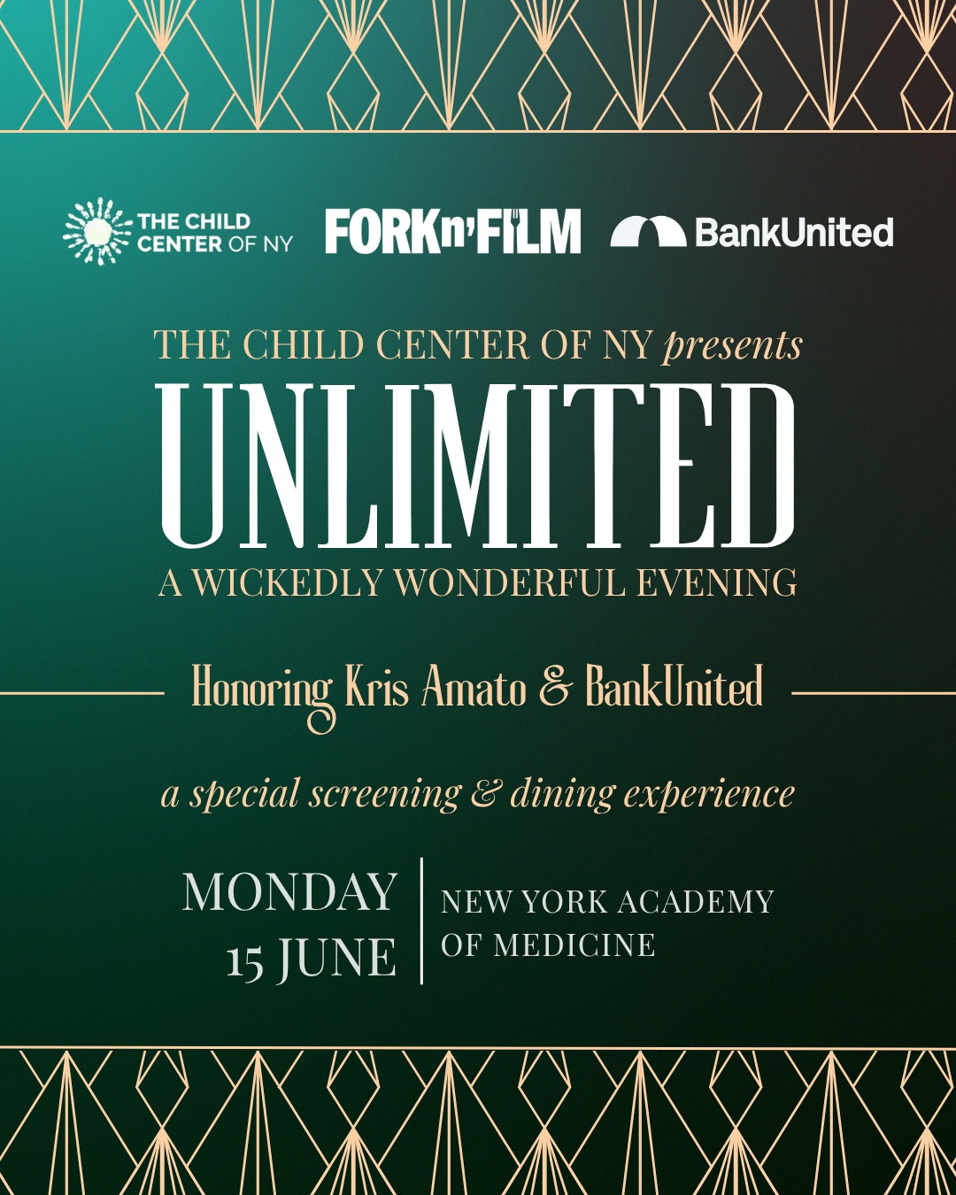 The Child Center of NY is beyond excited to announce our special annual fundraiser in partnership with the award-winning team at @forknfilm. This immersive dinner-and-cinema experience pairs iconic films with curated, pre-fixed menus inspired by key moments on screen. Guests will enjoy carefully selected drinks and chef-crafted dishes that bring movies to life through taste, creating a unique multi-sensory event.
This year, The Child Center, in partnership with Fork n’ Film, proudly presents UNLIMITED: A WICKEDLY WONDERFUL EVENING, where we will be honoring our friends at BankUnited and longtime board member Kris Amato alongside an exclusive Fork n’ Film showing of WICKED at the New York Academy of Medicine on June 15, 2026. Bring your appetite and your finest Emerald City attire as you experience Oz like never before!
Every dollar raised helps The Child Center provide the children and families we serve with the opportunity to pursue their unlimited potential. So dust off those ruby slippers and follow the yellow brick road while ticket supplies last!
This evening is family-friendly, and we encourage you to invite your colleagues, friends, and all those who believe that everyone deserves the chance to fly.
Explore tickets and sponsorships via the link in our bio!
We extend a special thank-you to @bankunited.official, whose generous support as Presenting Sponsor made this event possible.
