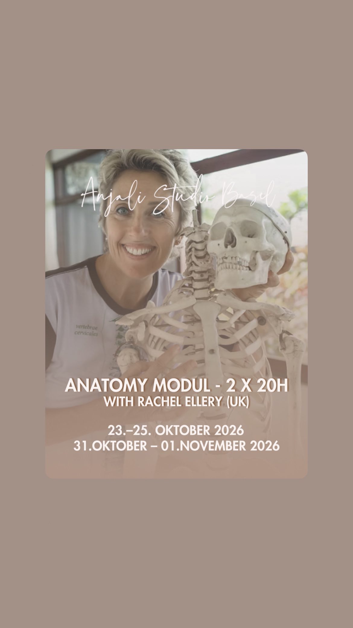 We are so happy to welcome our international guest teacher Rachel Ellery @theanatomyschool back to Basel! ✨
Rachel will be leading our Anatomy Modules within the Anjali 200hr Yoga Teacher Training - transformational weekends dedicated to exploring functional anatomy, movement, breath and the incredible intelligence of the human body.
With a background in osteopathy and more than two decades of international teaching experience, Rachel has a unique gift for making anatomy feel clear, practical and deeply embodied. Through movement exploration and interactive exercises, she creates an engaging learning experience that supports both your personal practice and your teaching.
Rooted in yoga, movement science and osteopathic principles, these modules offer a holistic understanding of how the body moves, breathes and functions - helping students develop more awareness, confidence and connection in practice and in life.
Whether you are currently teaching, beginning your yoga journey, or simply curious to understand the body on a deeper level, this weekend offers inspiring and accessible tools for every experience level.
The Anatomy Modules can be attended as part of the 200hr Yoga Teacher Training or booked separately as standalone weekend trainings.
——
Interested in our 200hr Yoga Teacher Training?
✨ FREE INFORMATION EVENING ✨
Sunday, May 17th 2026 | 17:30–19:00
at Anjali Studio Basel
Learn more about the structure and content of the training, and ask all your questions.
Please register in advance via:
✉️ info@anjali.ch