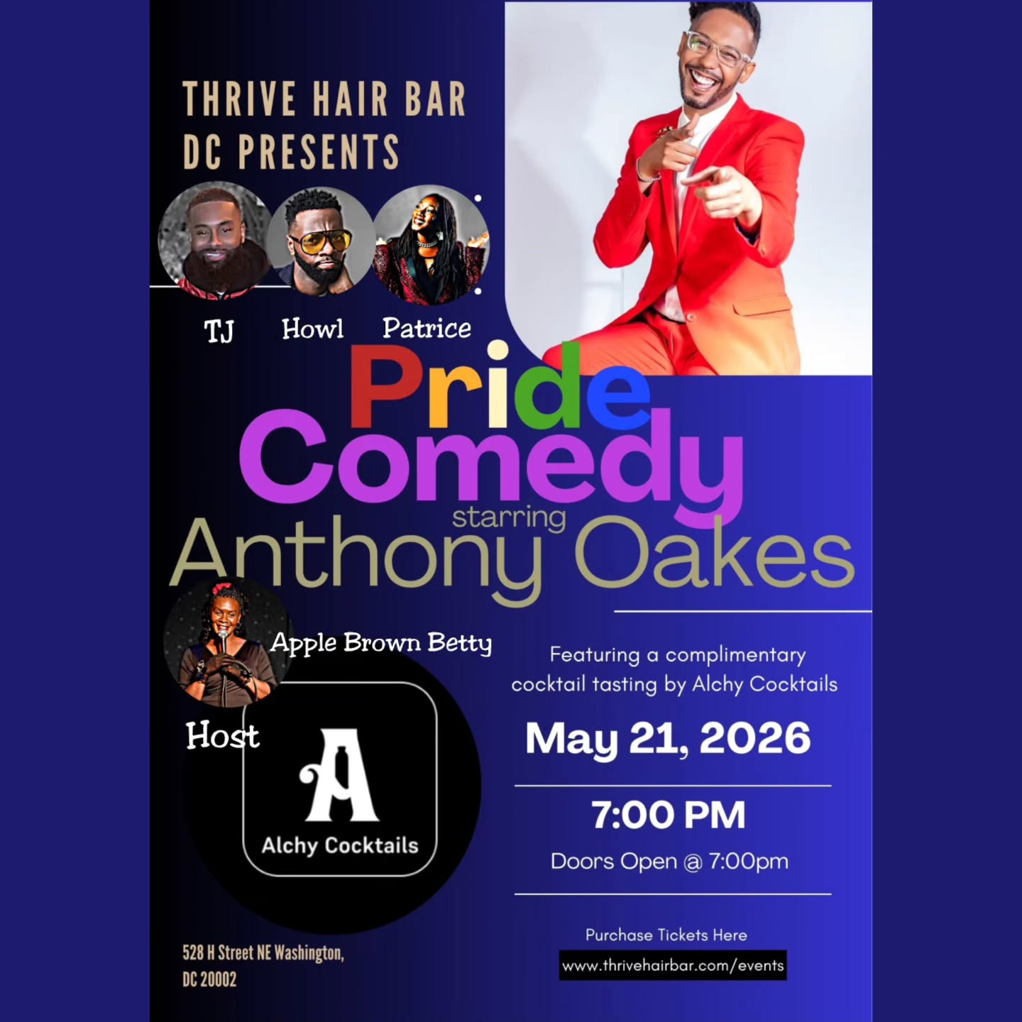 🌈🌈🌈DC BLACK PRIDE COMEDY SHOW🌈🌈🌈
Anthony Oakes is DC Comedian who has performed on some of the most legendary stages in the country. His current special, Sweet Little Oakes Boy, is on Apple TV and Prime Video.
Join him for DC Black Pride as he workshops his new hour about his former addiction, incarceration, recovery, and how he found redemption. It's comedy and storytelling at its best.
Hosted by the hilarious Apple Brown Betty with TJ So Silly, Howl Cooper, and featuring Patrice Deveaux. Libations will be provided by Drink Alchy. Images by RGF ENT.
Sponsored by DC ARTS & HUMANITIES. Brought to you by THRIVE HAIR BAR DC.