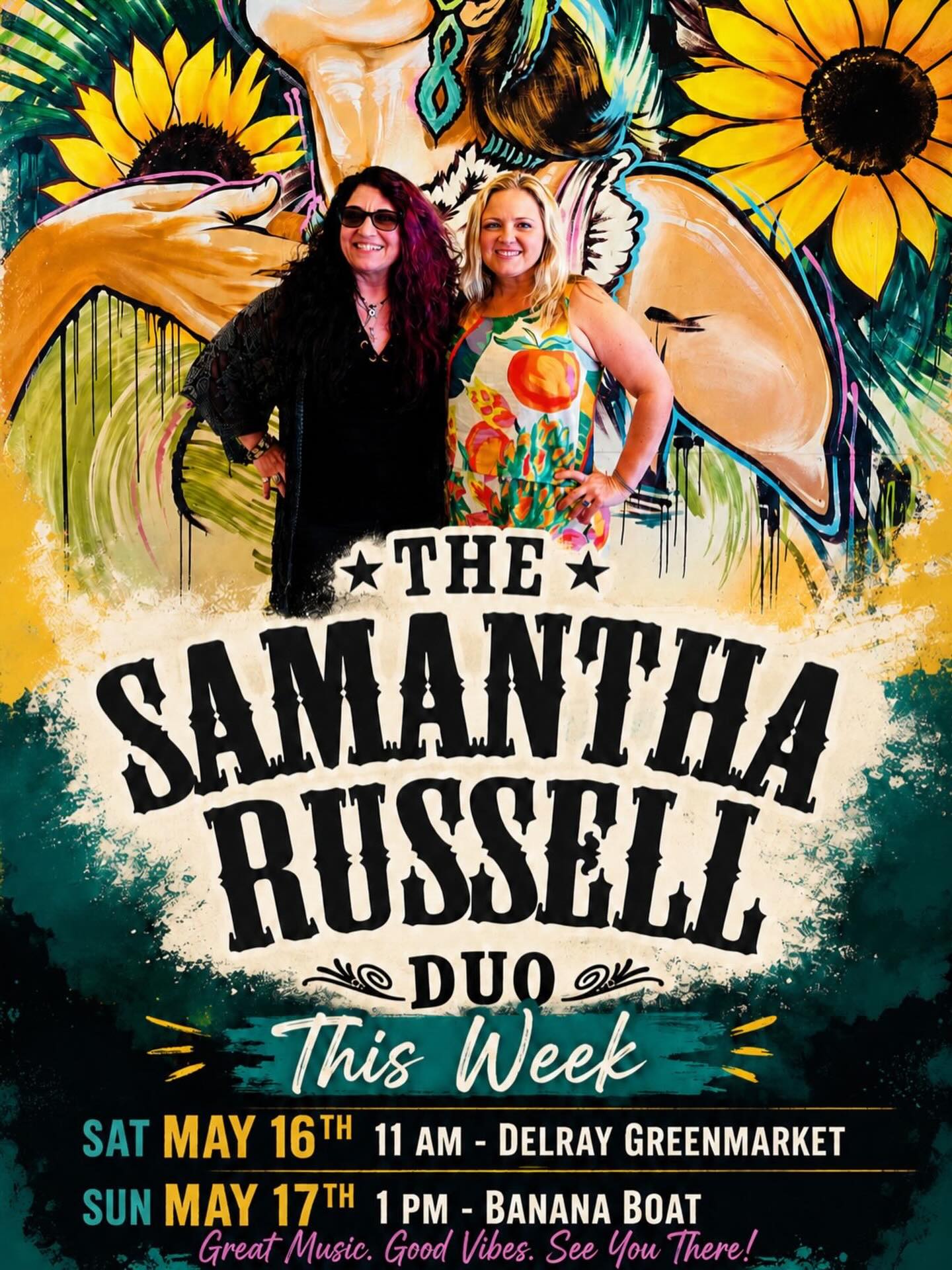 Here is where you can catch the DUO this week………..
👩🏼🐰👩🏻Sat 5/16| 11AM
📍Samantha Russell Duo @delraygreenmarket
🎤🎸Sun 5/17| 1PM
📍Samantha Russell Duo @bananaboatboynton
#delraybeach #boyntonbeach #samantharussellduo #supportlivemusic
