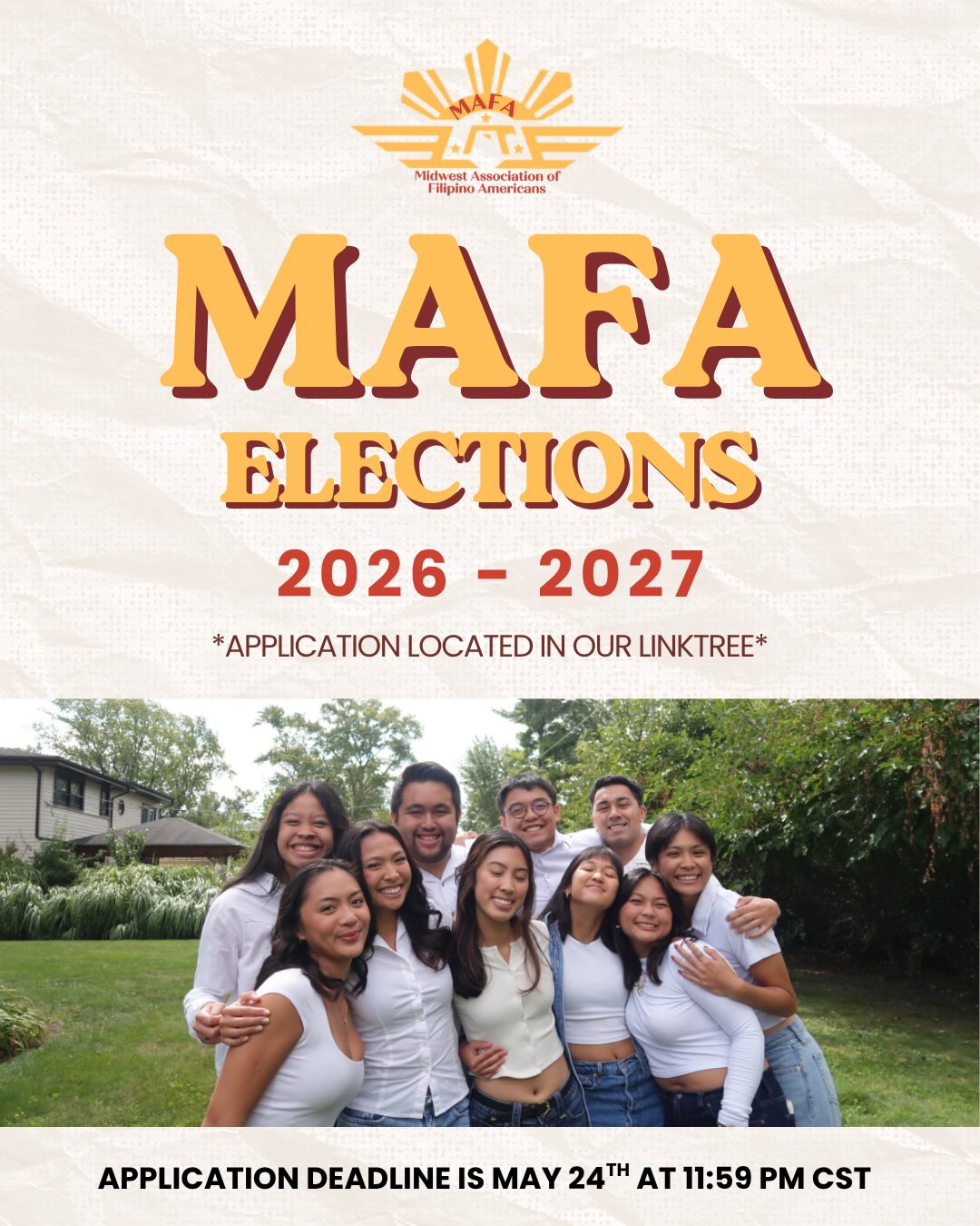 2026 - 2027 MAFA Executive Board Applications are NOW OPEN! 🌟🇵🇭 Deadline to apply is on May 24th, 2026 at 11:59 CST.
Applicant must be:
- A general MAFA member
- A college student or recent grad
- At least sophomore standing
- In good academic standing
- Not studying abroad during term
Reach out to president.mafa@gmail.com for any questions or concerns!