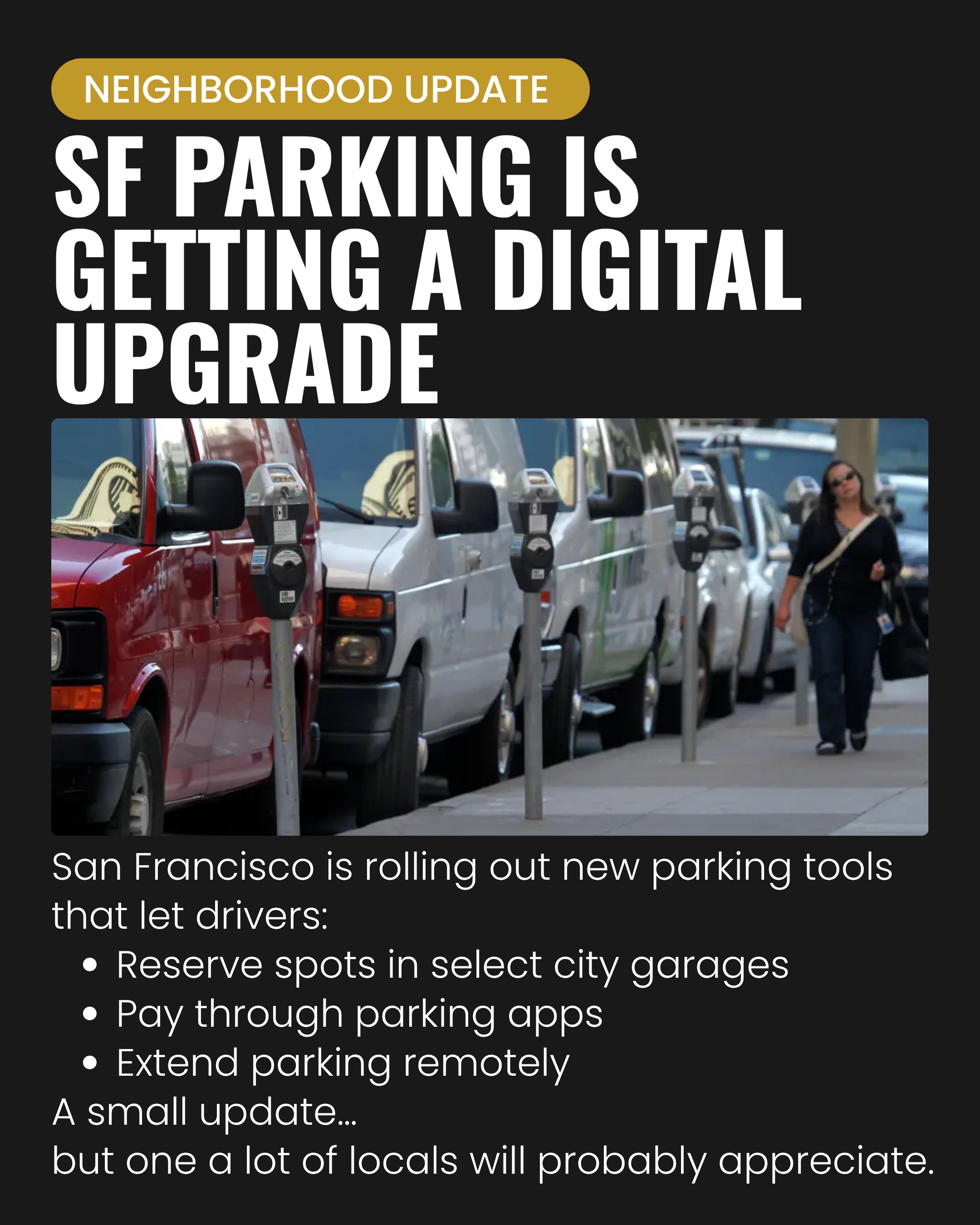 Neighborhood update 🚗📱
San Francisco is introducing new parking tools that could make city parking a little less painful.
The updates include:
• reserving spots in select city garages
• paying through parking apps
• extending parking remotely from your phone
The city is also phasing out PayByPhone as it rolls out newer parking platforms across San Francisco.
It’s part of a broader push to modernize parking around busy neighborhoods, commercial corridors, and event areas across the city.
Honestly… for SF drivers, this feels like a pretty big quality-of-life update.
Would this actually make parking easier for you?
Source: SF Chronicle
Photos by: Paul Chinn/S.F. Chronicle
#SanFrancisco #SFMTA #SanFranciscoLife #SFNeighborhoods #SanFranciscoLiving #SFUpdates #Parking #PacificHeightsRealtor