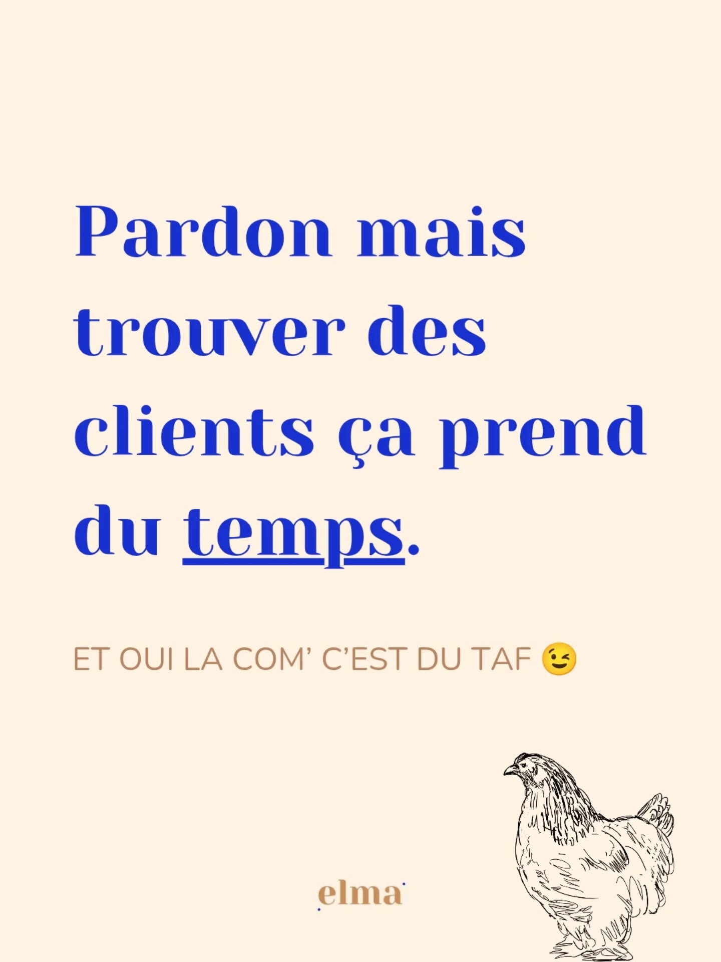C'est le rêve de beaucoup d'entrepreneur·ses : ne pas avoir besoin de communiquer ni vendre. Mais, spoiler, à moins d'être couvreur, ça n'existe pas 😉
Se faire connaître, être préféré, fidéliser, ça prend toujours du temps, quels que soient tes canaux de com' 🌿
Donc oui c'est normal d'y passer du temps. En revanche ce n'est pas normal de s'y épuiser, c'est-à-dire communiquer dans le vide 🌀
Et c'est là que j'interviens, pour t'aider à créer une complicité avec ta cible avec les bons contenus sur les bons canaux 📣
Et toi la com', tu y consacres combien de temps ?