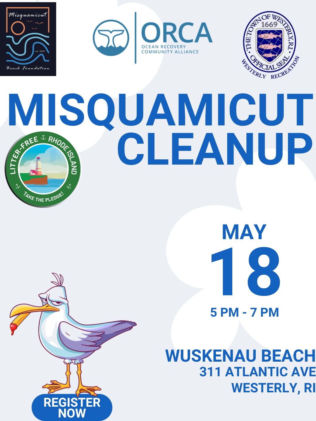 Join us for a community cleanup at Wuskenau Beach on May 18 from 5–7 PM 🌊
ORCA is teaming up with the Misquamicut Beach Foundation and the Town of Westerly Recreation Department to help keep our coastline clean, healthy, and beautiful before the busy summer season. Whether you’re a longtime volunteer or joining your first cleanup, we’d love to have you out there with us.
And there’s an extra reason to come early: the first 30 volunteers will receive a free “Squammy Misquamicut Beach 2026” tee shirt courtesy of the RI Litter-Free Grant. Take the pledge at litterfree.ri.gov
📍 Wuskenau Beach
311 Atlantic Ave, Westerly, RI
May 18 | 5 PM – 7 PM
Bring friends, family, and your love for the ocean. Every piece of litter removed makes a difference.
Register now and help protect our coast for the season ahead.
#BeachCleanup #OceanConservation #VolunteerToday #RhodeIsland #WesterlyRI ProtectOurCoast OceanRecoveryCommunityAlliance