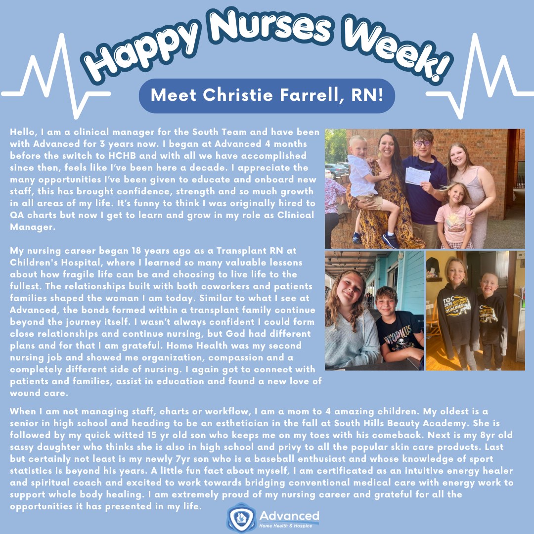 Nurses Week Spotlight ✨
Today we are celebrating Christie Farrell, RN! Christie provides compassionate care and support to patients and families each day, making a positive impact through her dedication and commitment to those she serves.
We are grateful to have Christie on our team and are proud to recognize her during Nurses Week. Thank you, Christie, for everything you do! 💙
#NursesWeek #AdvancingTogether #HomeHealth #Hospice