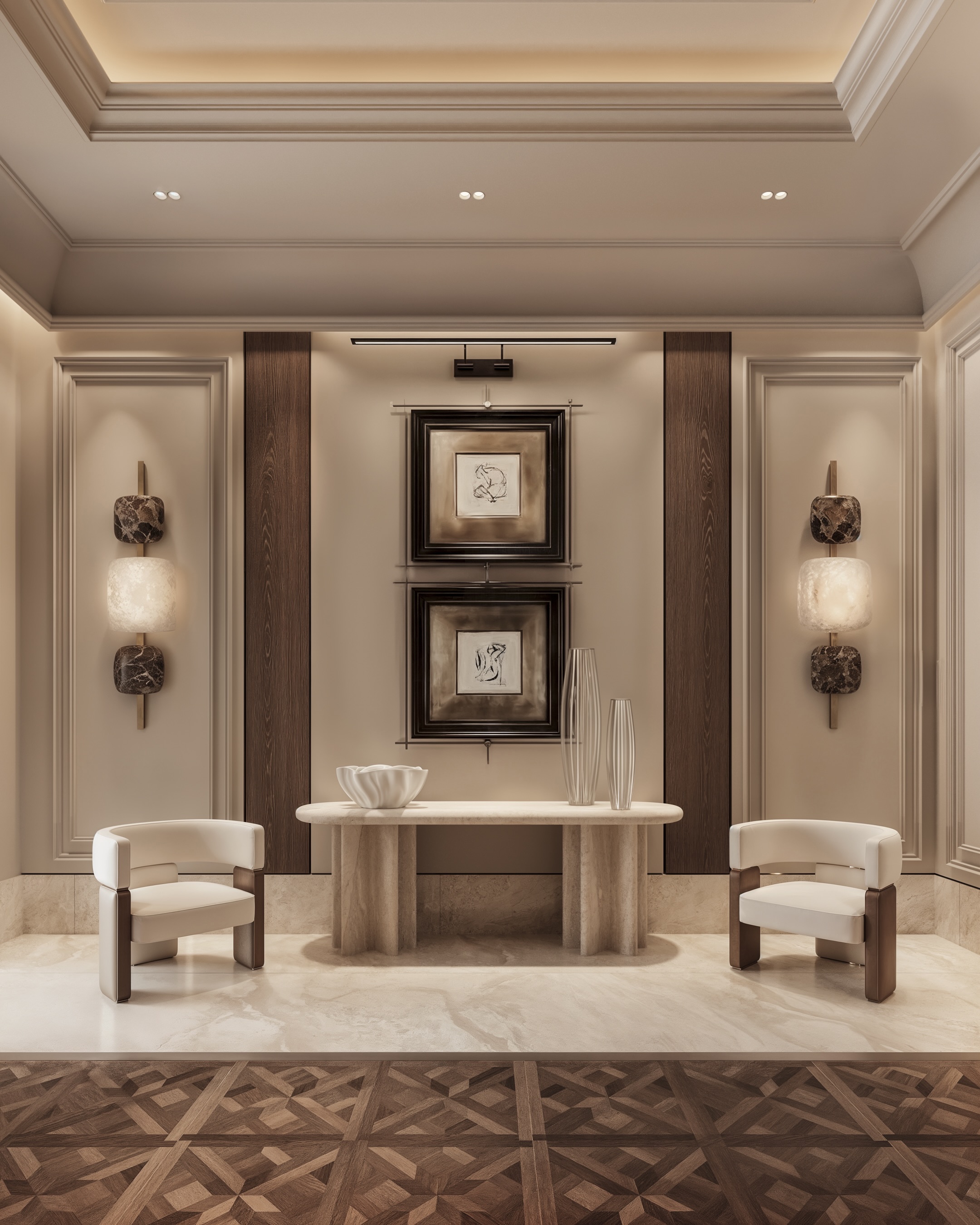A tailored living experience designed by Maroon Architects for a private villa in Al Malqa, Riyadh.
This space was envisioned through a balance of soft contemporary detailing, warm walnut textures, sculptural lighting, and curated material compositions that bring depth and elegance into every corner.
From the custom wall treatments to the layered lighting atmosphere, every element was carefully designed to create a timeless and immersive living environment.
Design by Maroon Architects.
#MaroonArchitects #Riyadh #AlMalqa #Luxury #Design